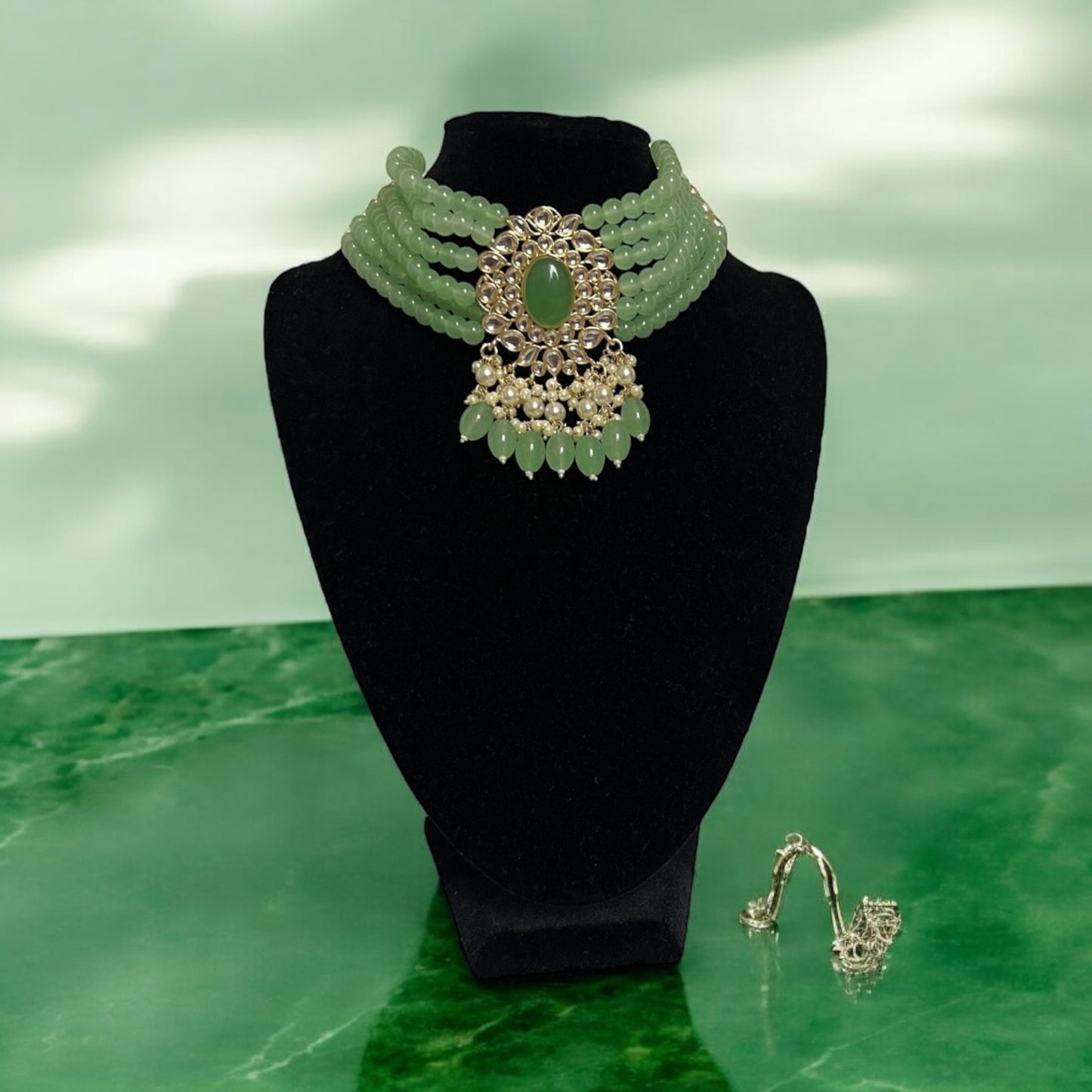 Emerald Grace Beaded Choker Set - Green Bridal Jewelry with Drop Earrings