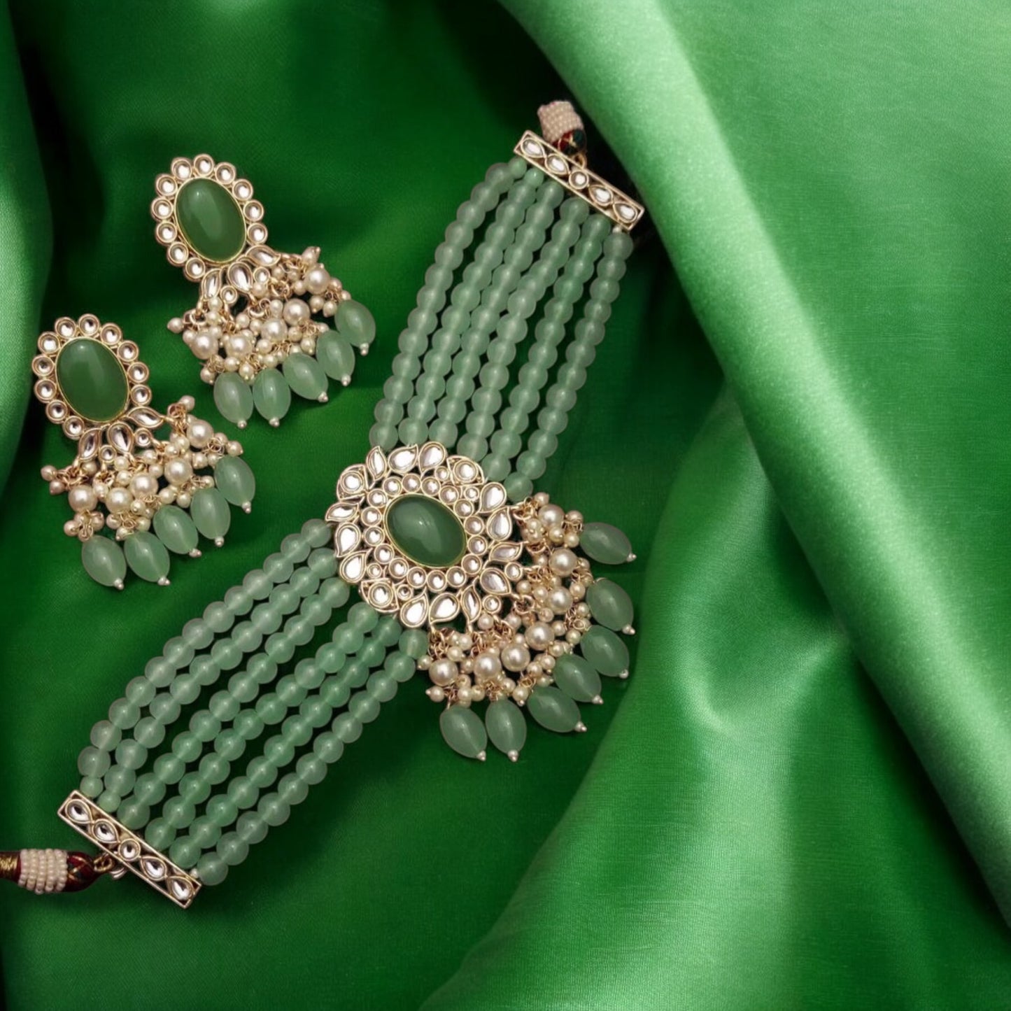 Emerald Grace Beaded Choker Set - Green Bridal Jewelry with Drop Earrings