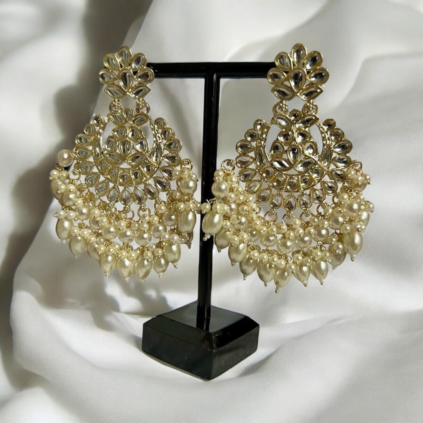 Cream and Gold Beaded Drop Earrings with Tikka