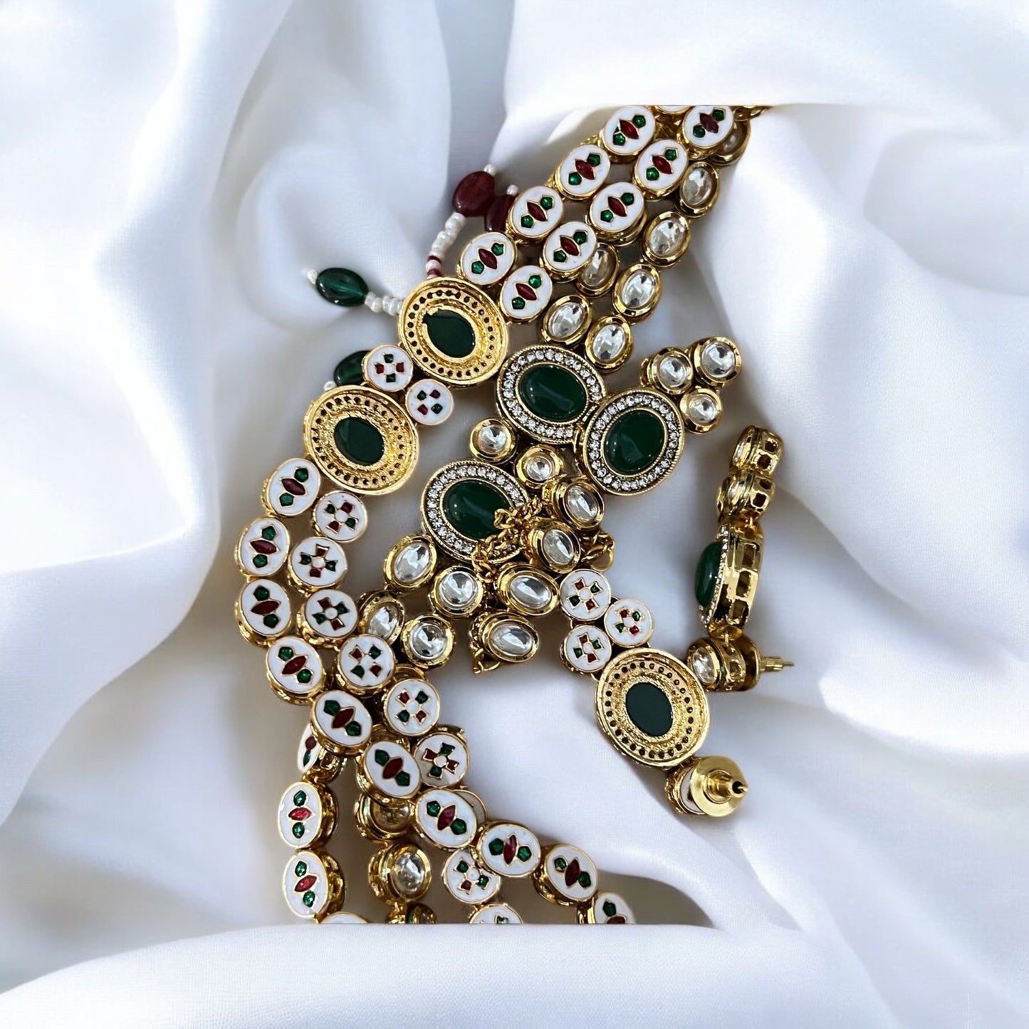 Elegant Long Pearl Gold & Green Kundan Necklace Set with Tikka