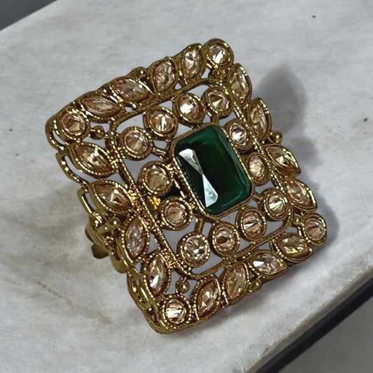 Antic Gold & Green Gemstone Square Ring - Indian Jewelry for Special Occasions