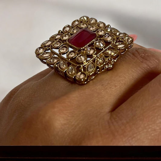 Royal Ruby Statement Ring | Antique Gold Adjustable Cocktail Ring