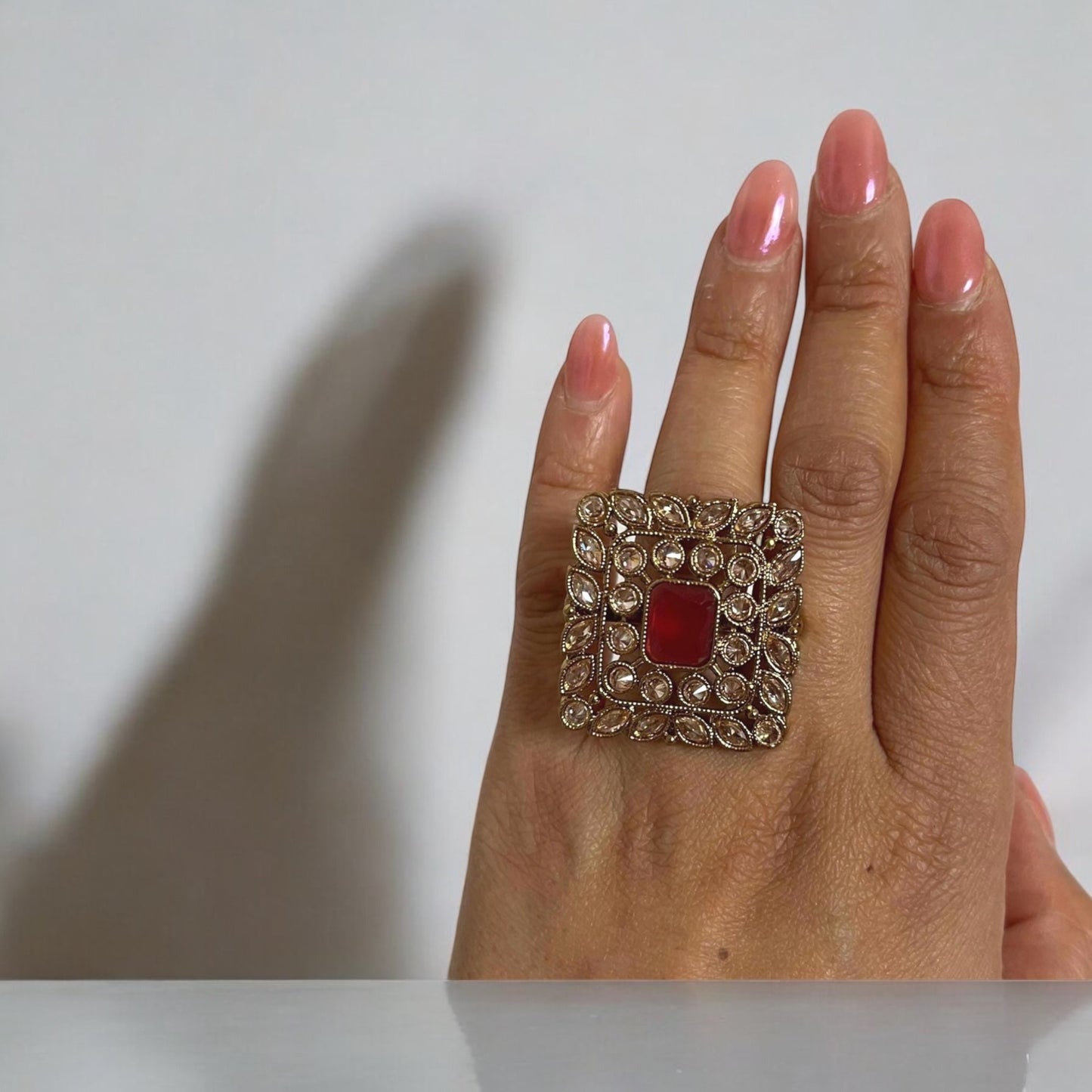 Royal Ruby Statement Ring | Antique Gold Adjustable Cocktail Ring