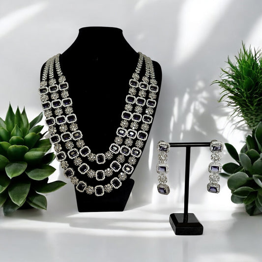 Triple Layer Purple Crystal Necklace Set with Floral Accents – Bridal & Statement Jewelry