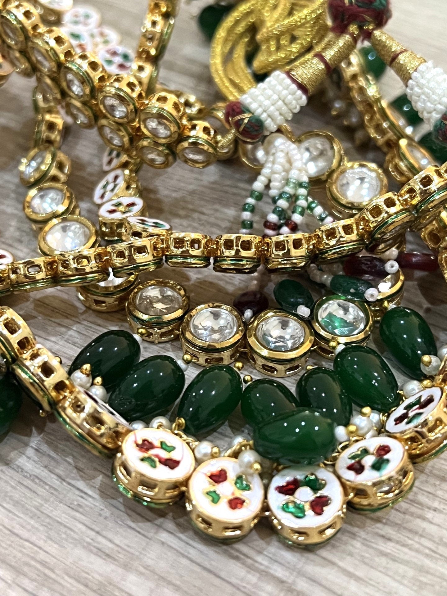 Traditional Emerald Kundan Beaded Necklace Set with Tikka