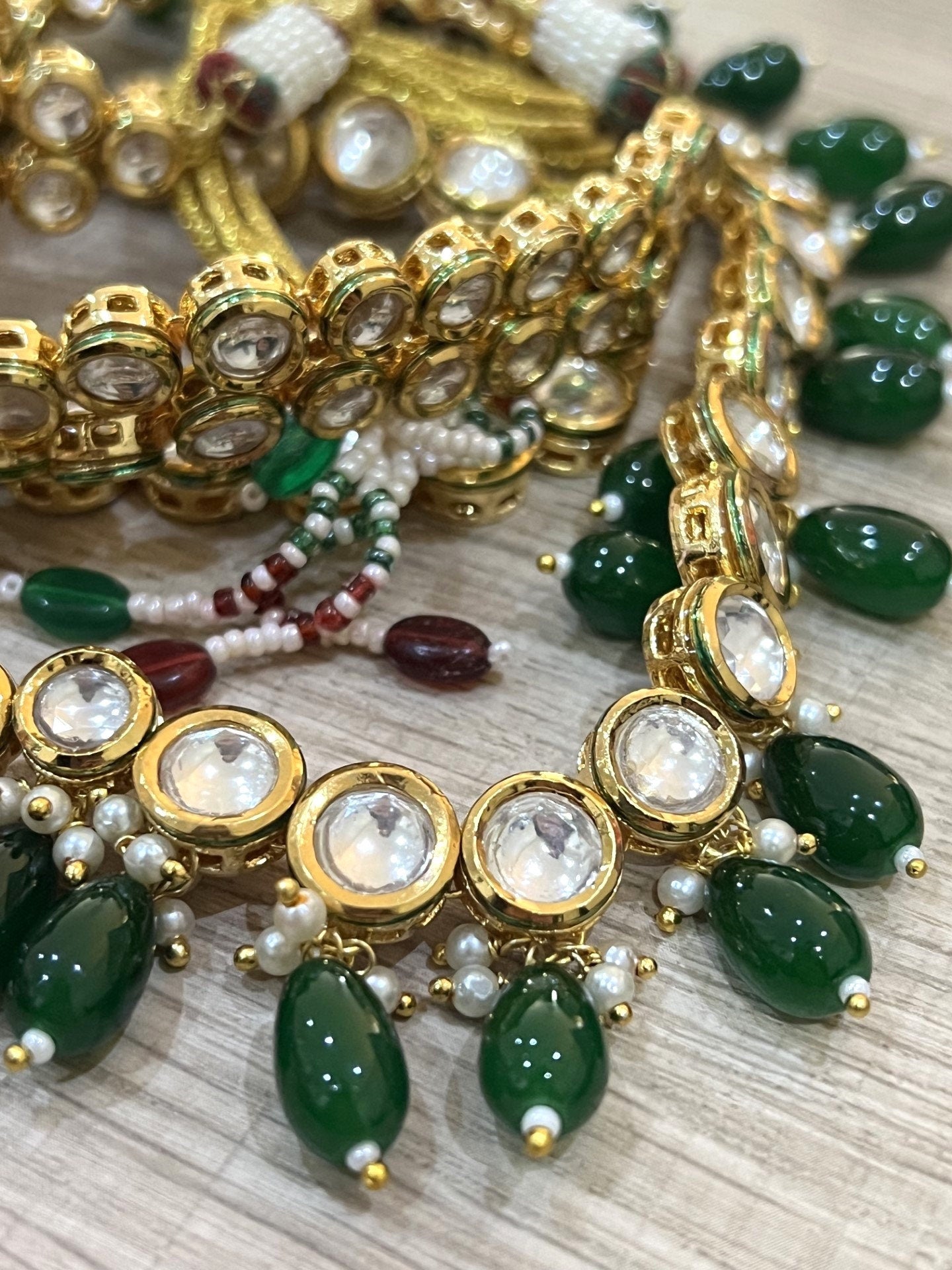 Traditional Emerald Kundan Beaded Necklace Set with Tikka