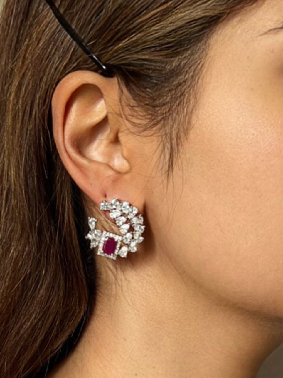 Ruby Pink, Barbie Pink, Dark Pink Gemstone Stud Earrings, Wedding jewelry, Asain Jewelry, Indian Jewelry