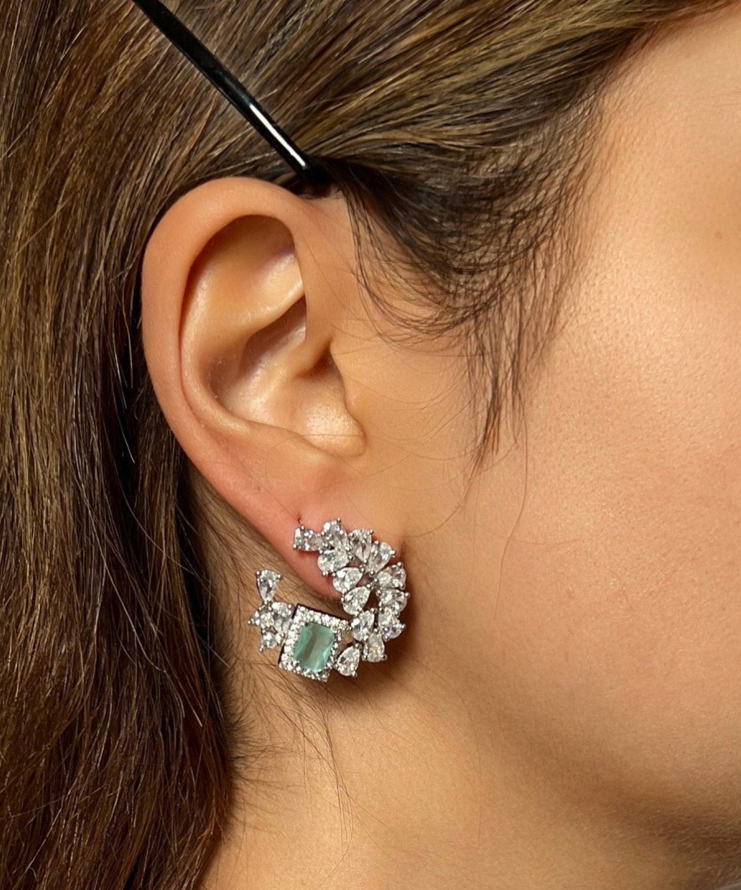 Green, Sea Green, Pastel Green Crystal Stud Earrings, American Diamond jewellery/ Asian Jewellery/ Green Earrings/ Bridal