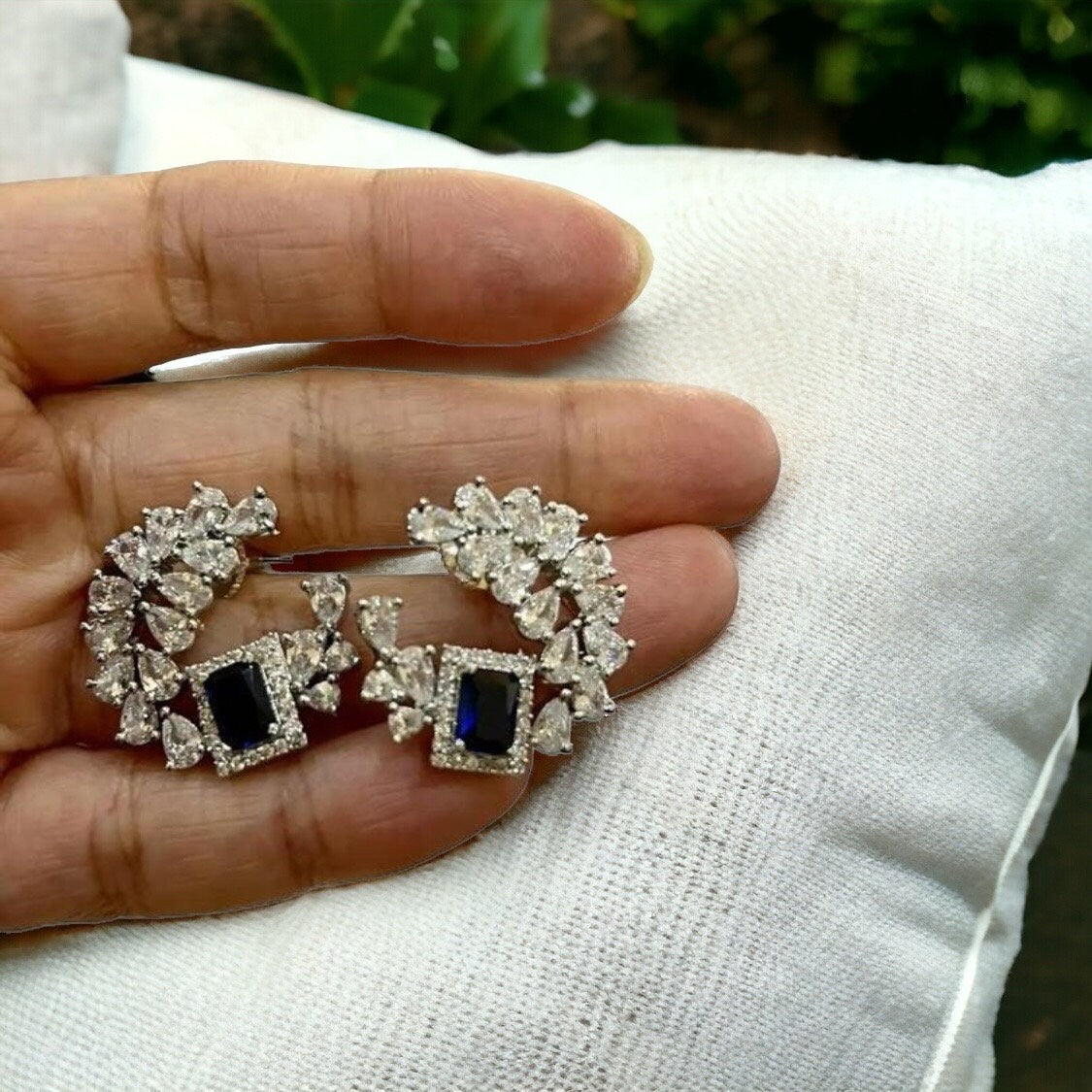 Blue Navy Gemstone, American Diamond Stud Earrings, Indian jewelry, Traditional jewelry, wedding jewelry