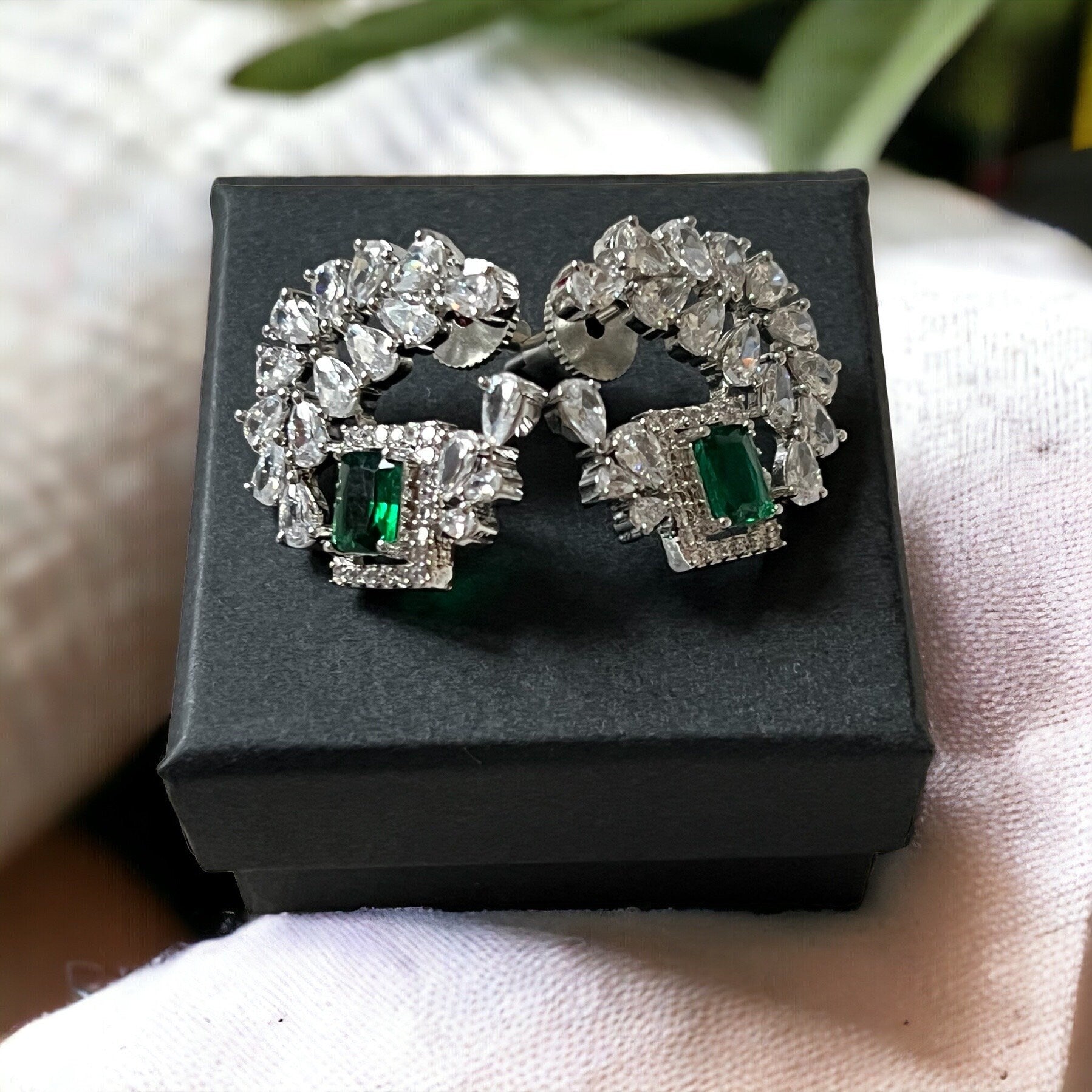 Green American Diamond Crystal Stud Earrings