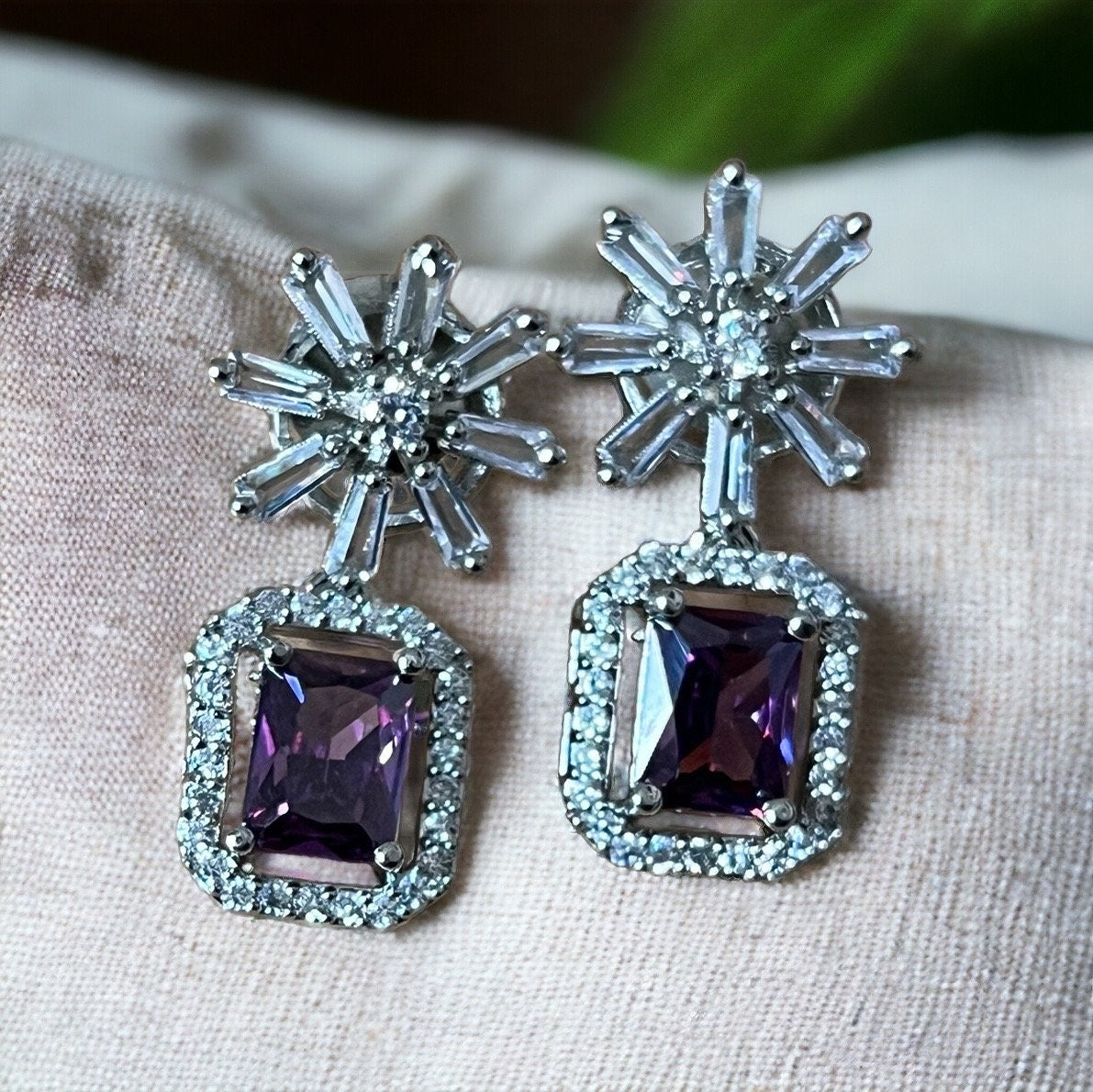 Purple Crystal Star Studded Drop Earrings
