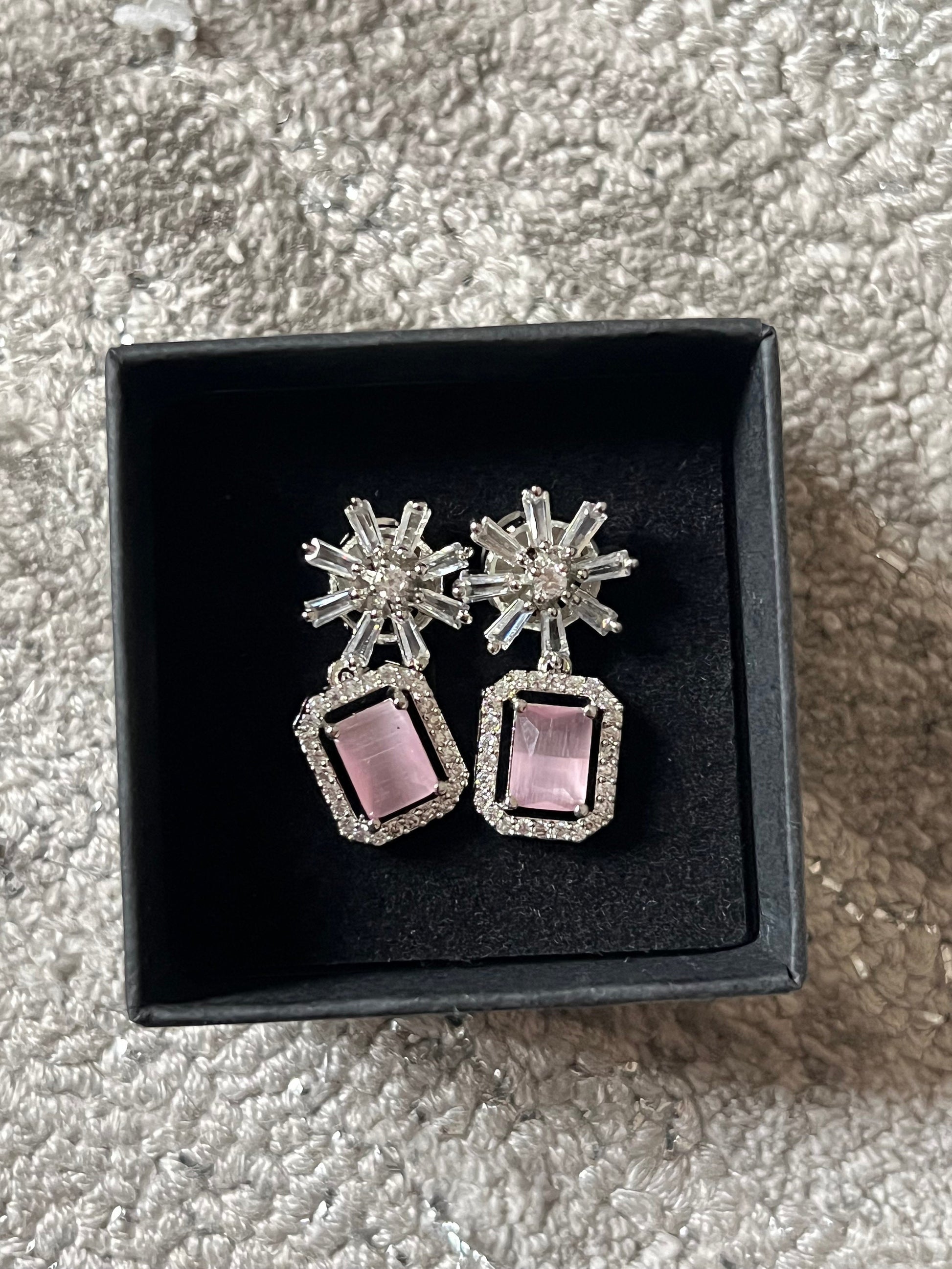 Pink Crystal Star Studded Drop Earrings Indian, Asian, Bollywood Jewelry
