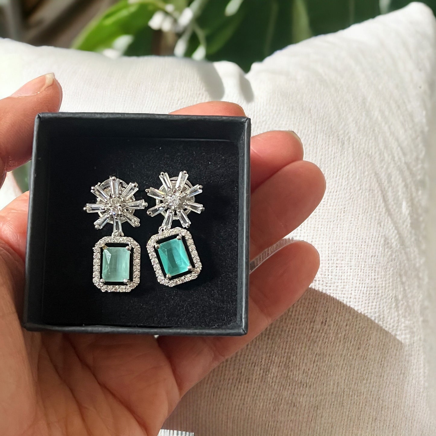 Mint Green Crystal Star Studded Drop Earrings Indian, Asian, Bollywood Jewelry