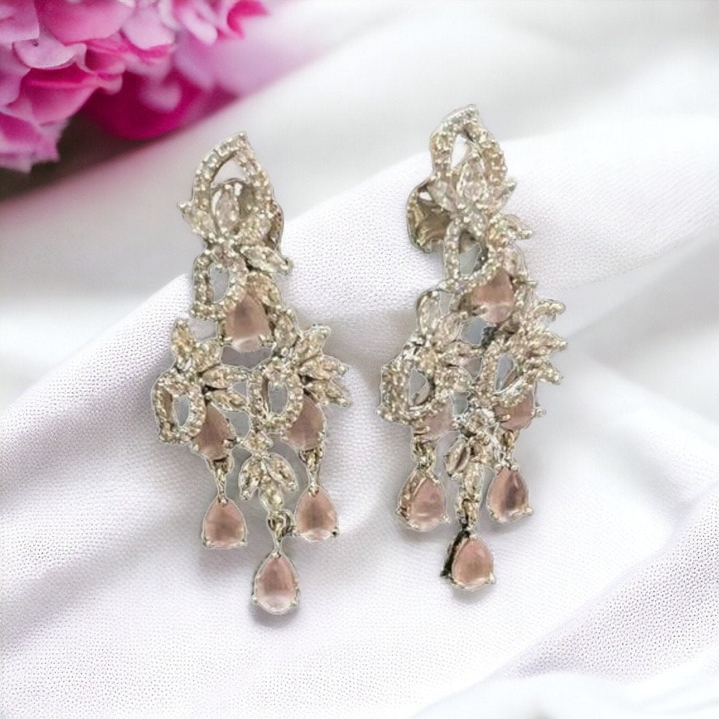 Pink Gemstone, American Diamond Necklace & Earrings