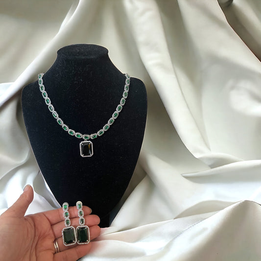 Emerald Gemstone, American Diamond Necklace Set
