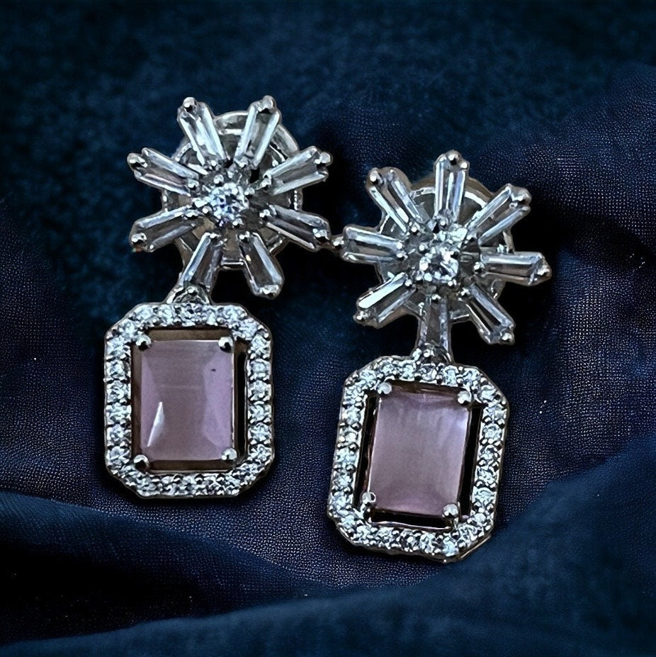 Pink Crystal Star Studded Drop Earrings Indian, Asian, Bollywood Jewelry