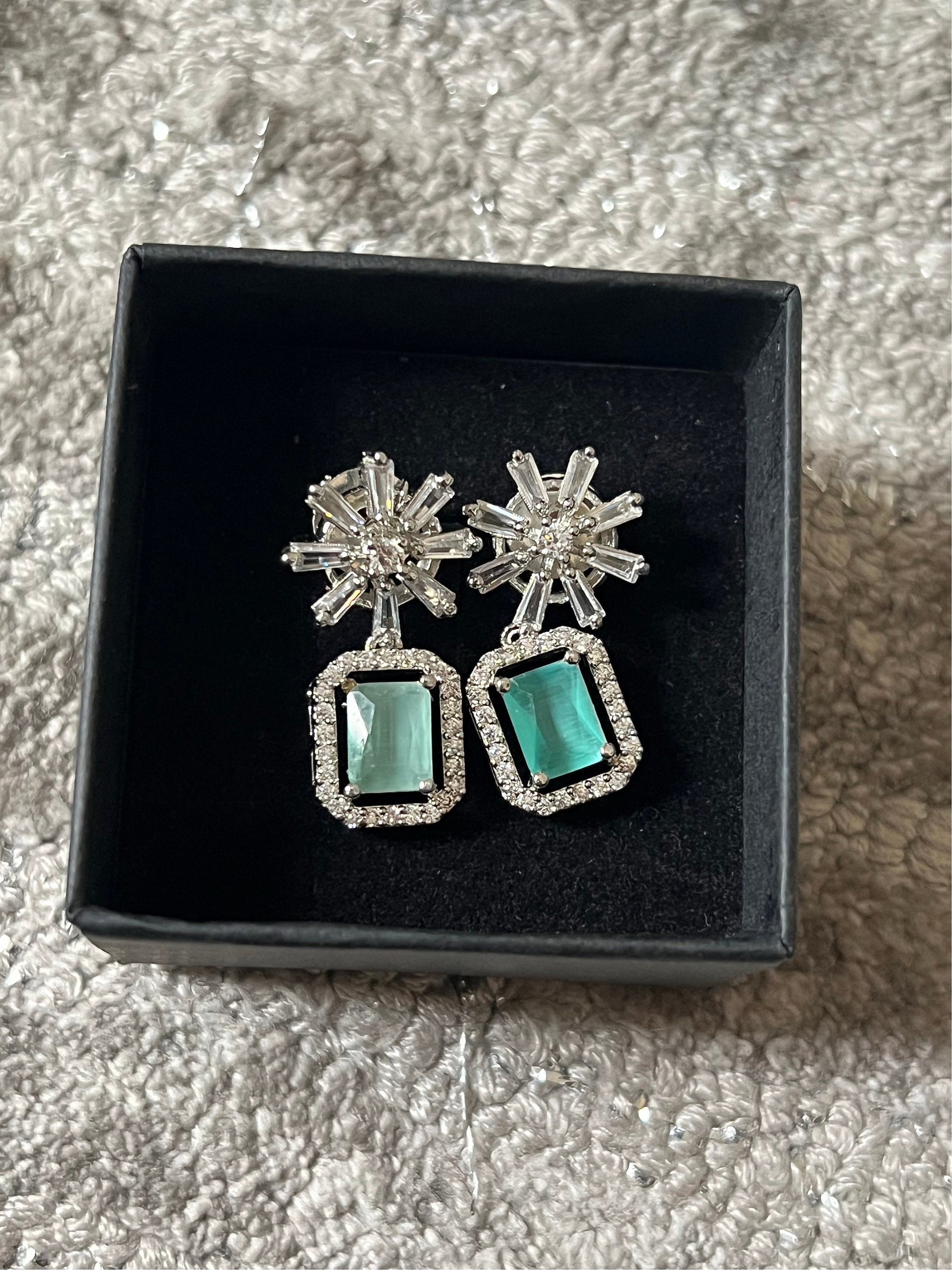 Mint Green Crystal Star Studded Drop Earrings Indian, Asian, Bollywood Jewelry