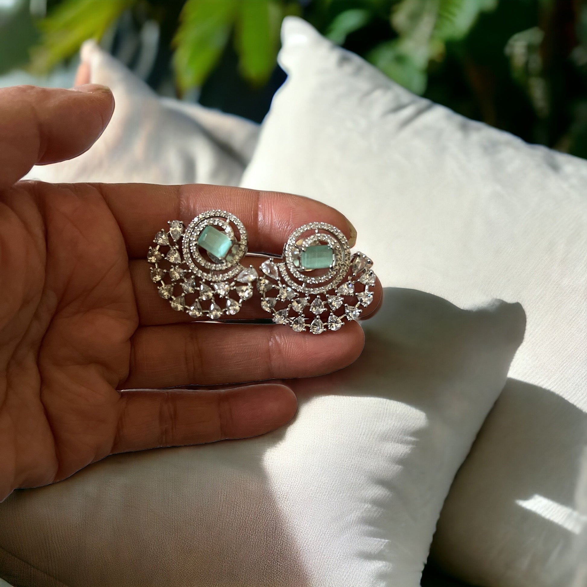 Mint Green, Sea Green, Turquoise Half Moon Drop Earrings - Indian, Asian, Bollywood Jewelry