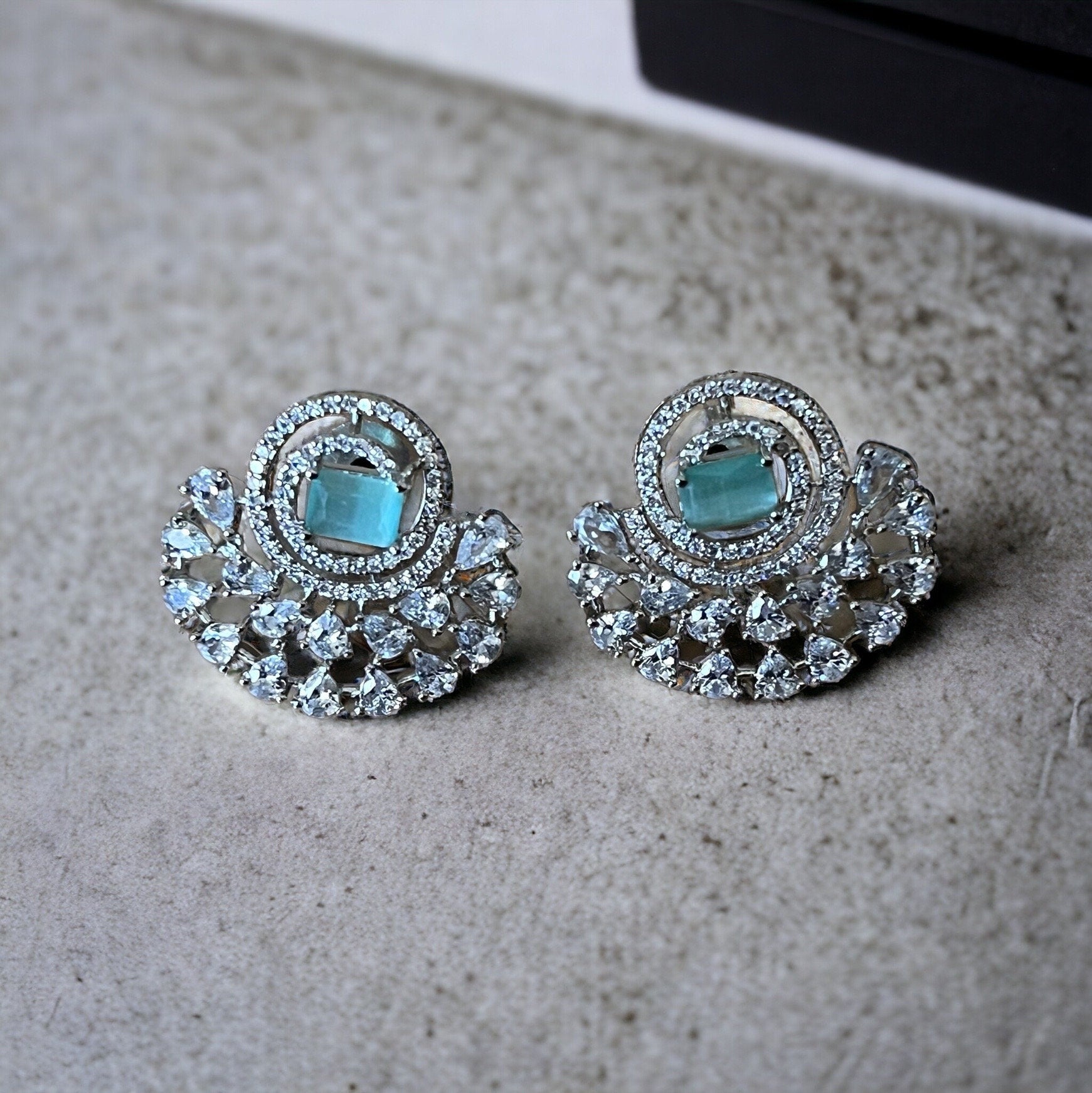 Mint Green, Sea Green, Turquoise Half Moon Drop Earrings - Indian, Asian, Bollywood Jewelry