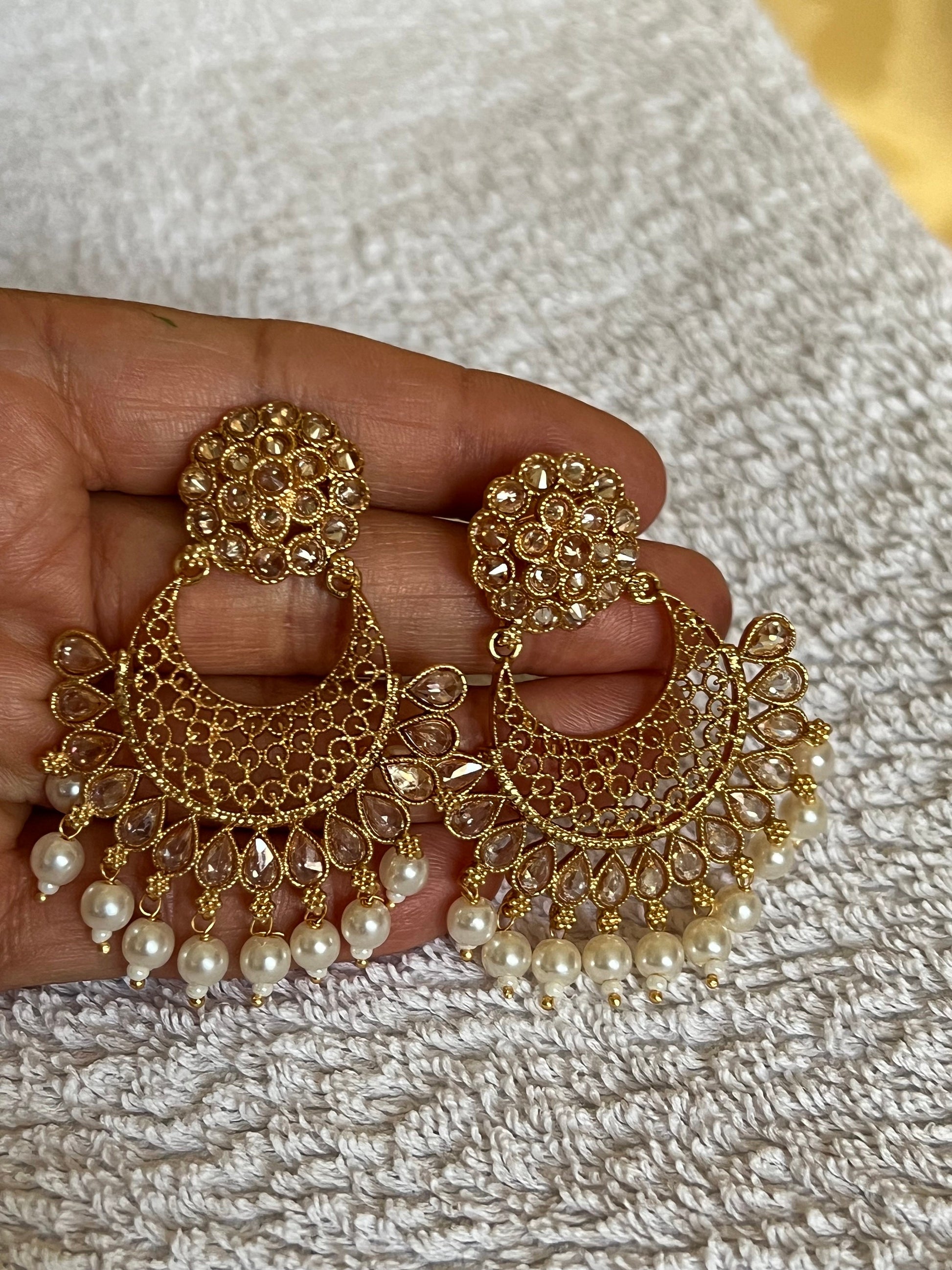 Gold & Pearl Beaded Jhumke Earrings, Indian Jewelry, Traditional Desi Jewelry