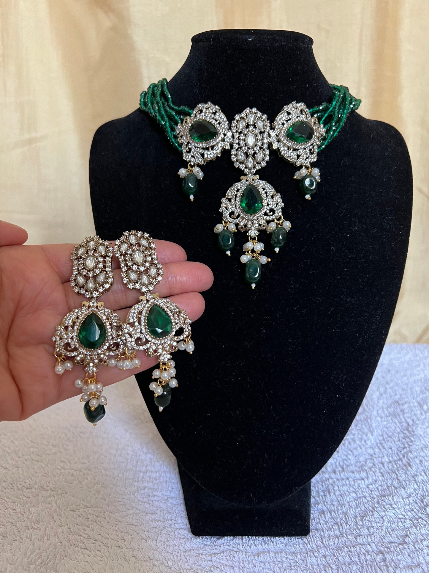 Green Choker & Earrings,Traditional Heeramandi Indian Jewelry, Asian Jewelry