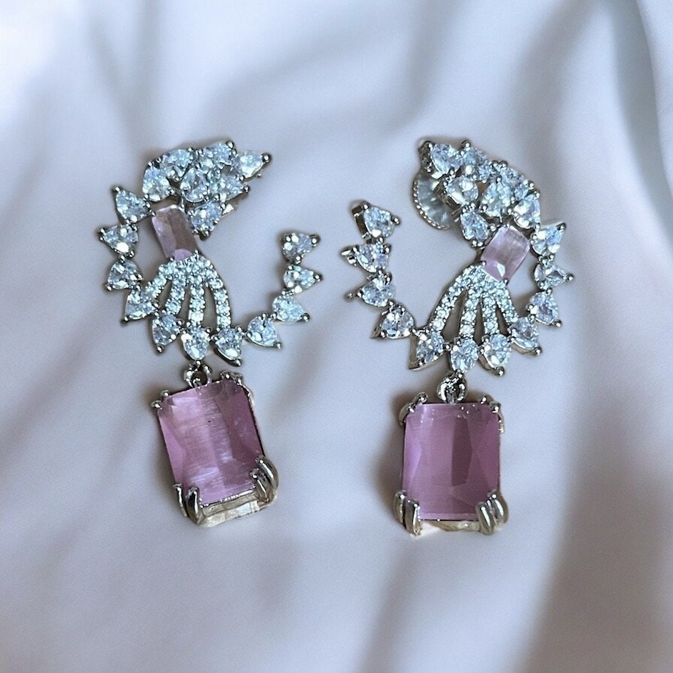 Pink Crystal Drop Earrings, Asian Jewelry, Indian Jewelry, Bridal & Gift