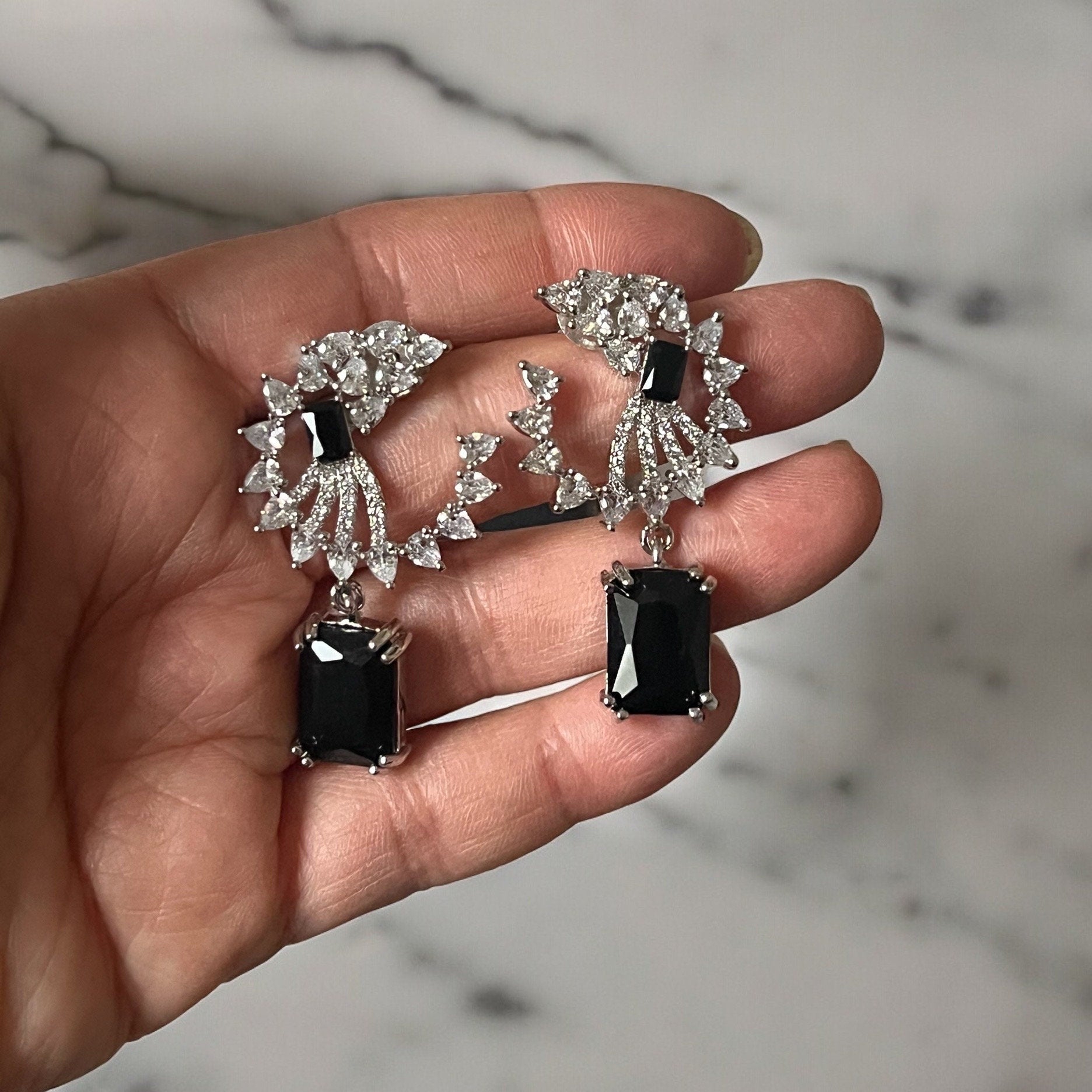 Black Crystal Drop Earrings /Asian Jewelry/Indian Jewelry/Crystal Earrings