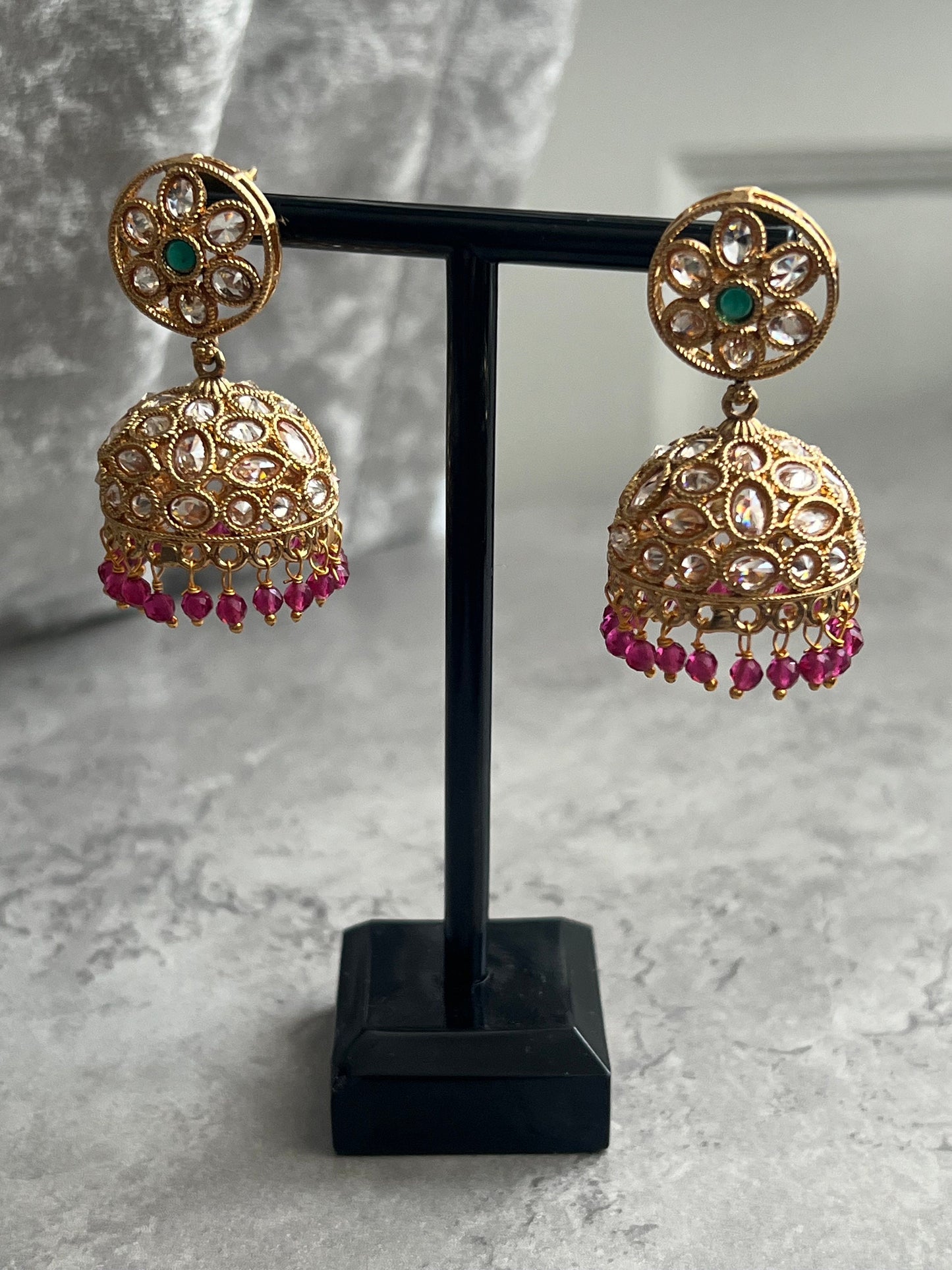 Rani Pink, Green & Gold Desi Drop Earrings, Indian Jewelry, Bridal