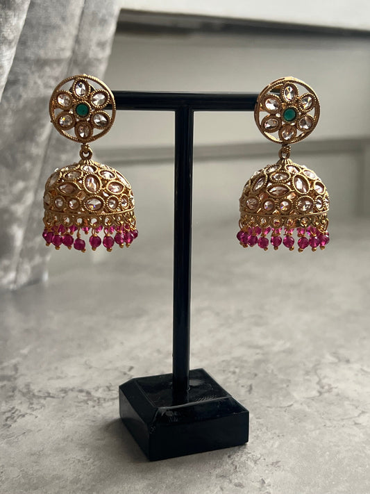 Rani Pink, Green & Gold Desi Drop Earrings, Indian Jewelry, Bridal