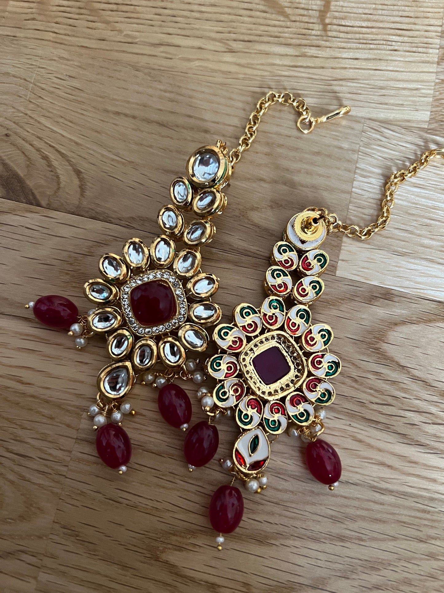 Bridal Red & Gold Earrings with Matching Tikka