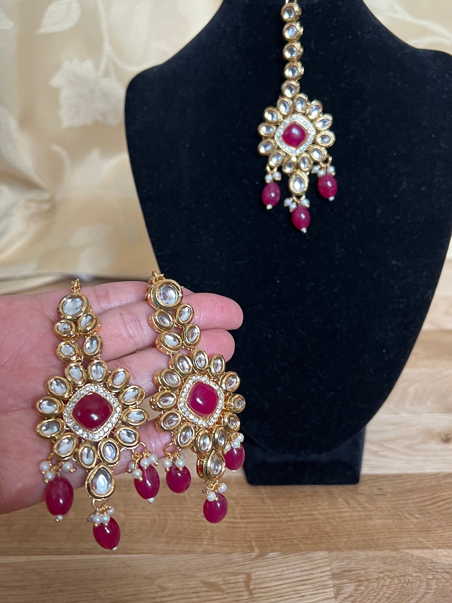 Bridal Red & Gold Earrings with Matching Tikka