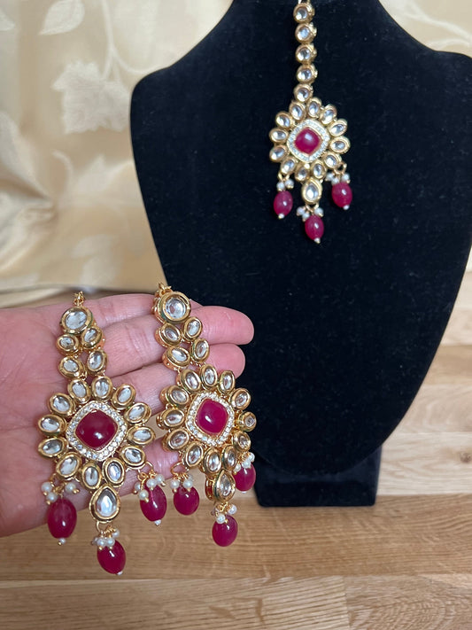 Bridal Red & Gold Earrings with Matching Tikka