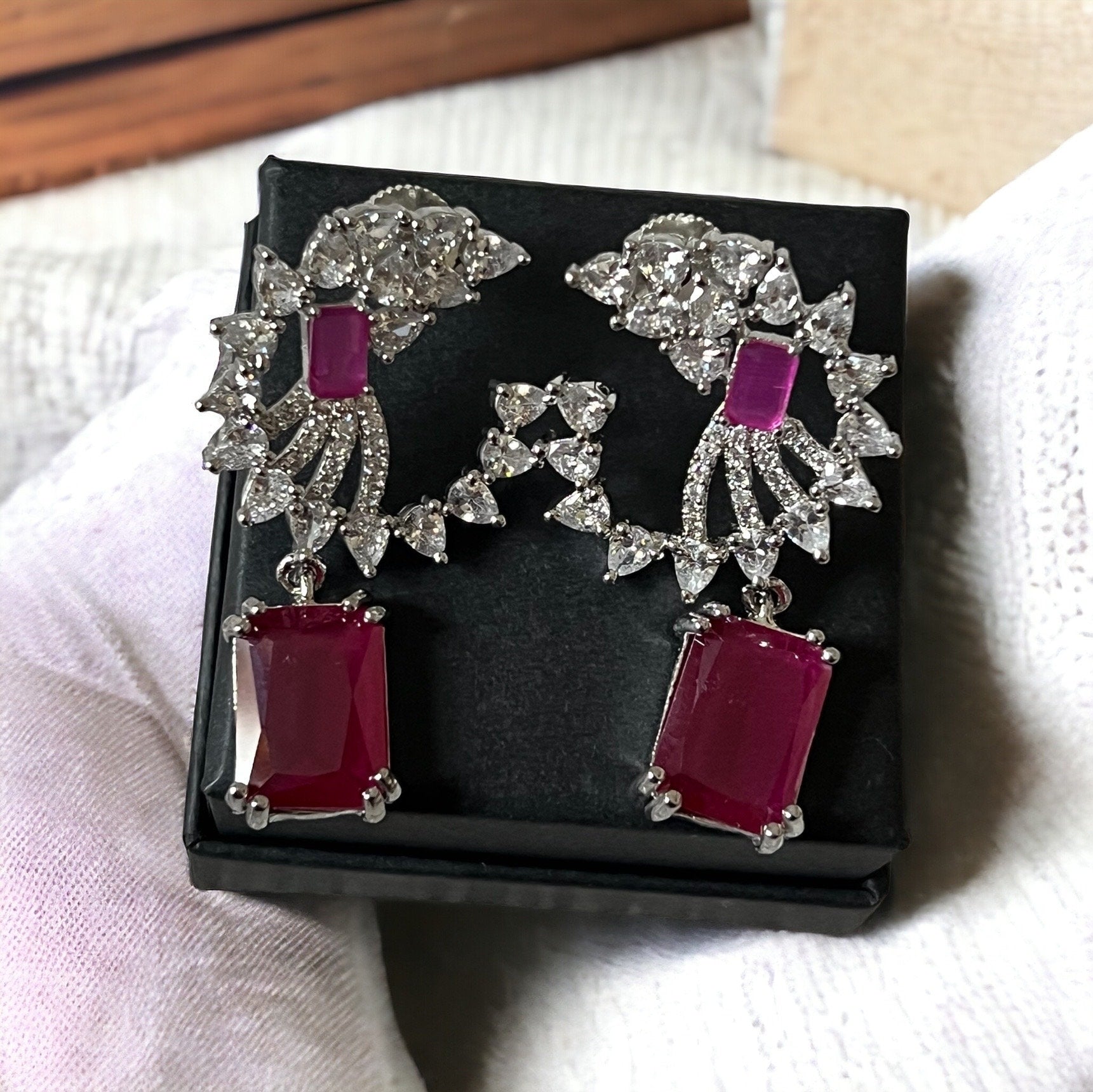 Rani Pink Crystal Drop Earrings, Indian Jewelry, Asian Jewelry
