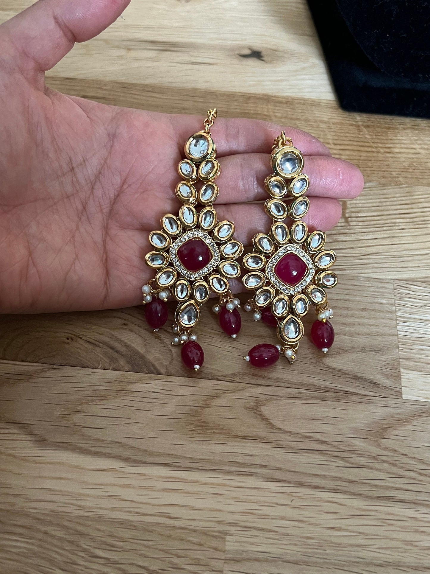 Bridal Red & Gold Earrings with Matching Tikka