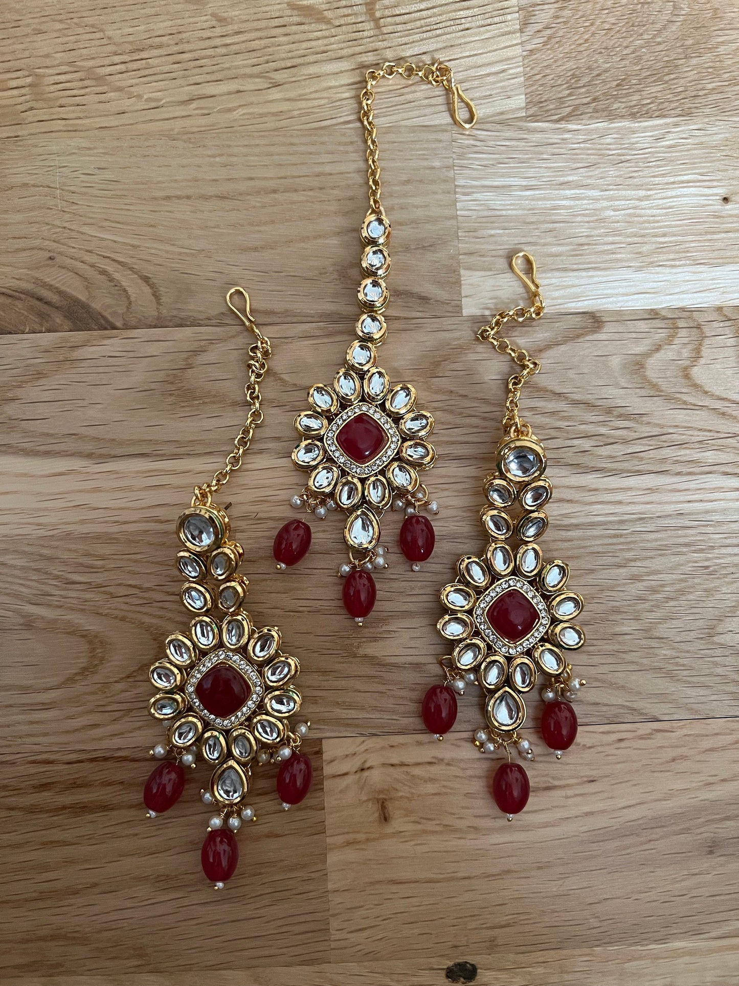 Bridal Red & Gold Earrings with Matching Tikka