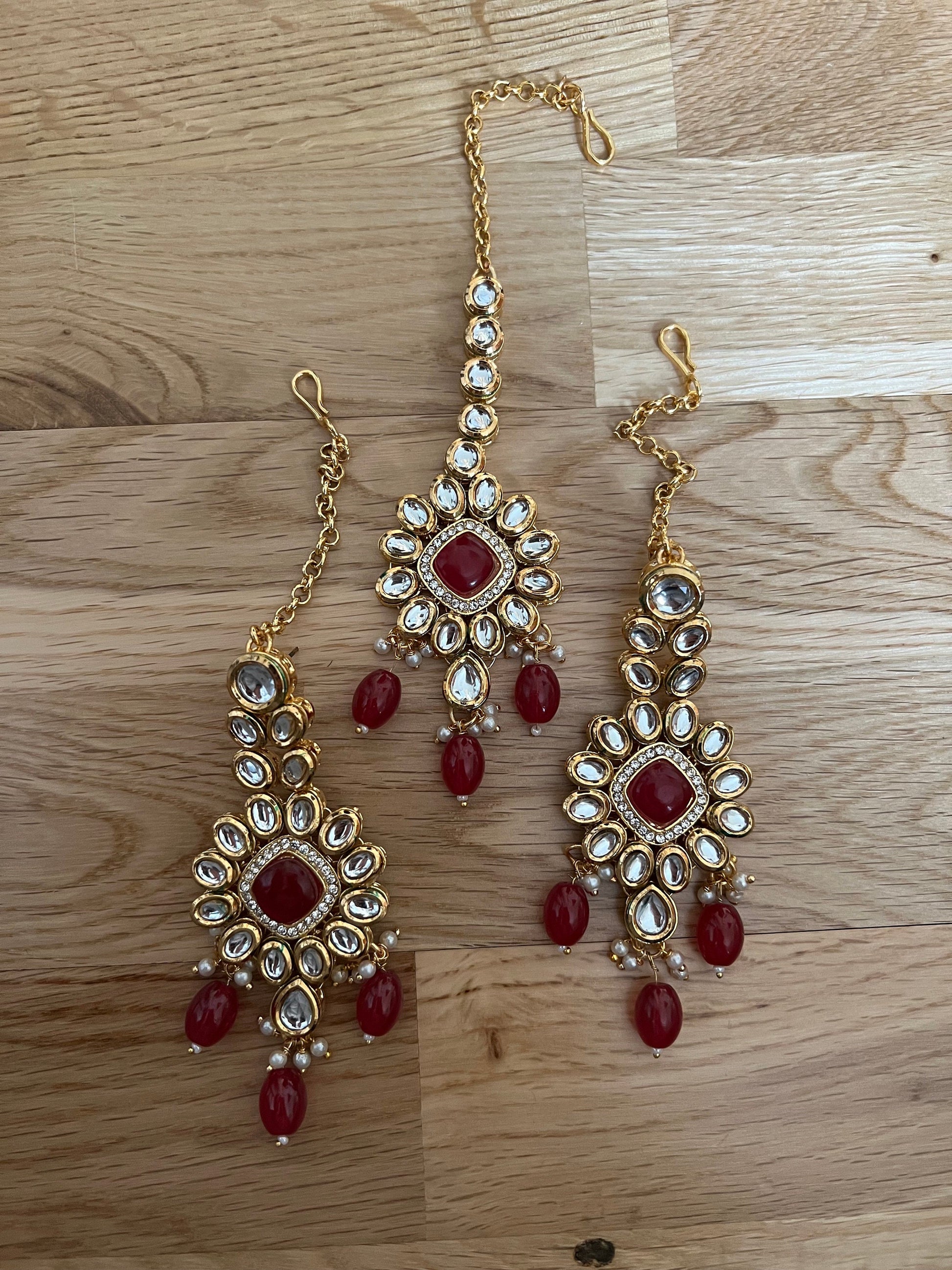 Bridal Red & Gold Earrings with Matching Tikka