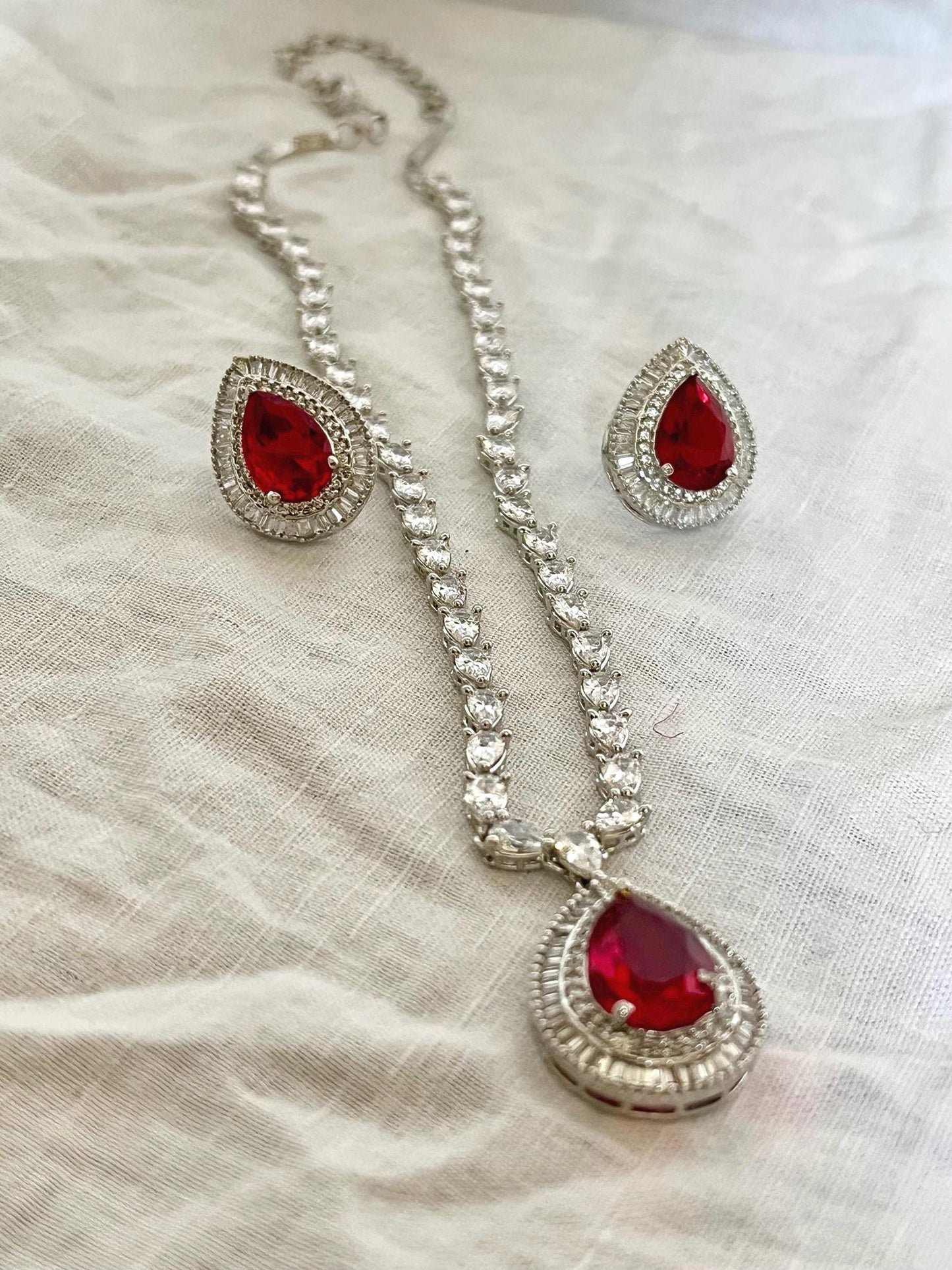 Ruby Red Gemstone and Crystal Long Necklace Set, Indian jewelry