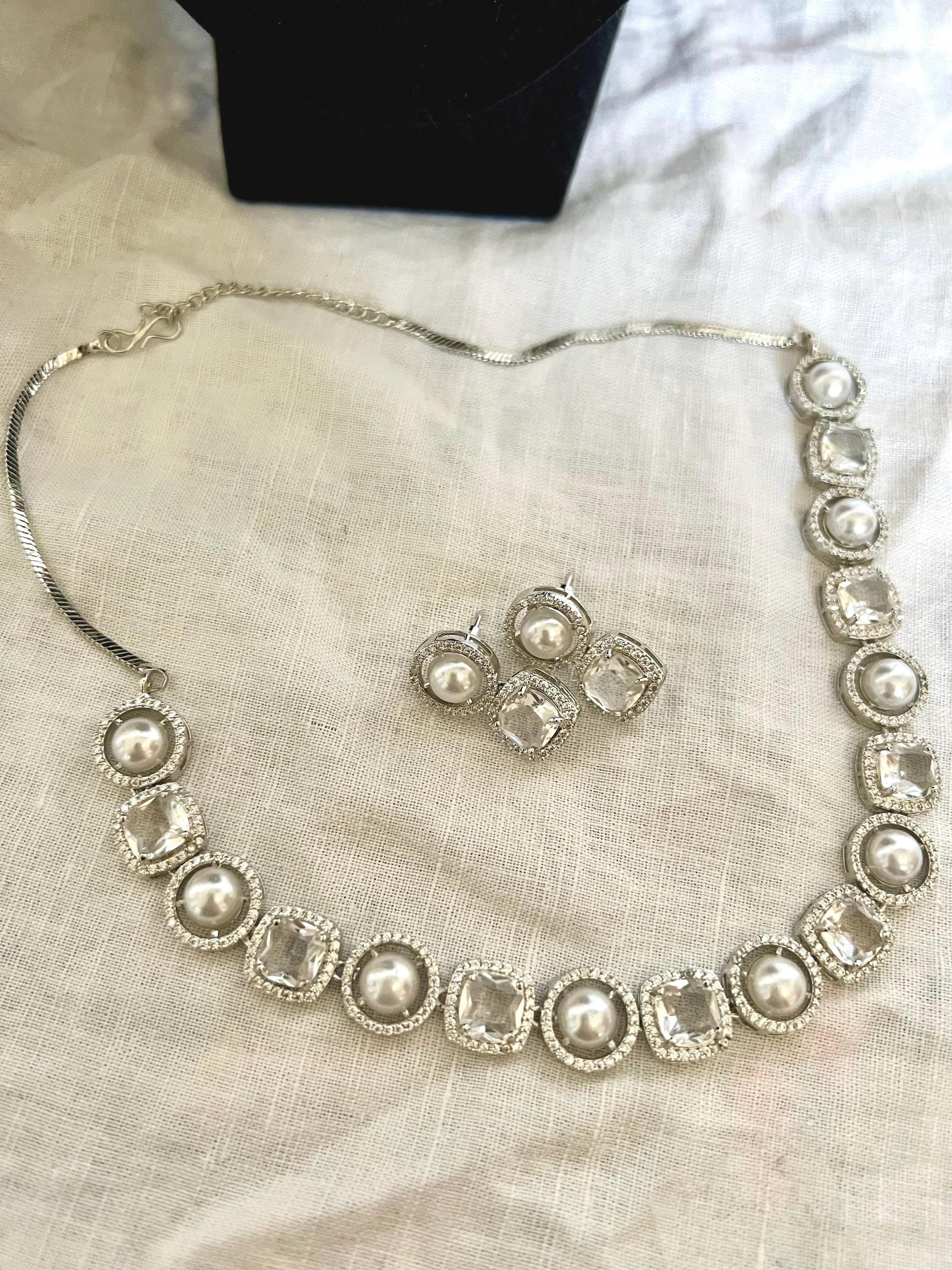 Crystal & Pearl Necklace Set, simple and beautiful, Indian Jewelry