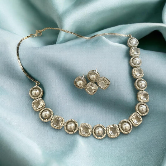Crystal & Pearl Necklace Set, simple and beautiful, Indian Jewelry