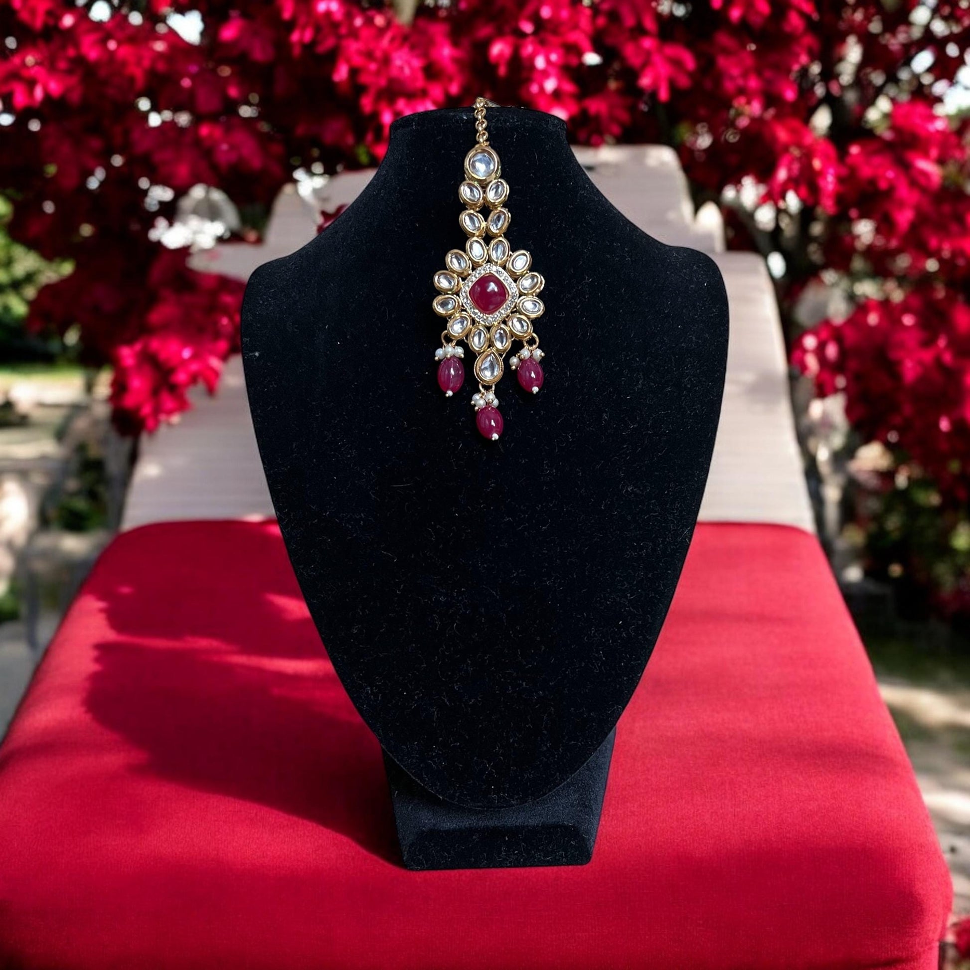 Bridal Red & Gold Earrings with Matching Tikka