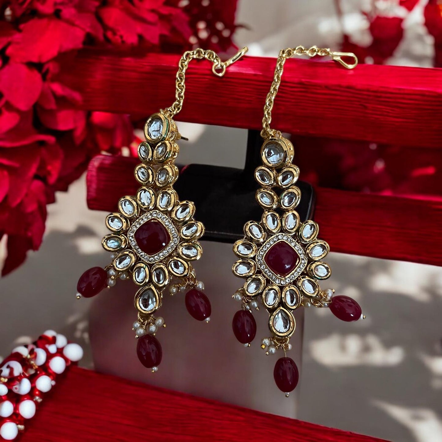 Bridal Red & Gold Earrings with Matching Tikka