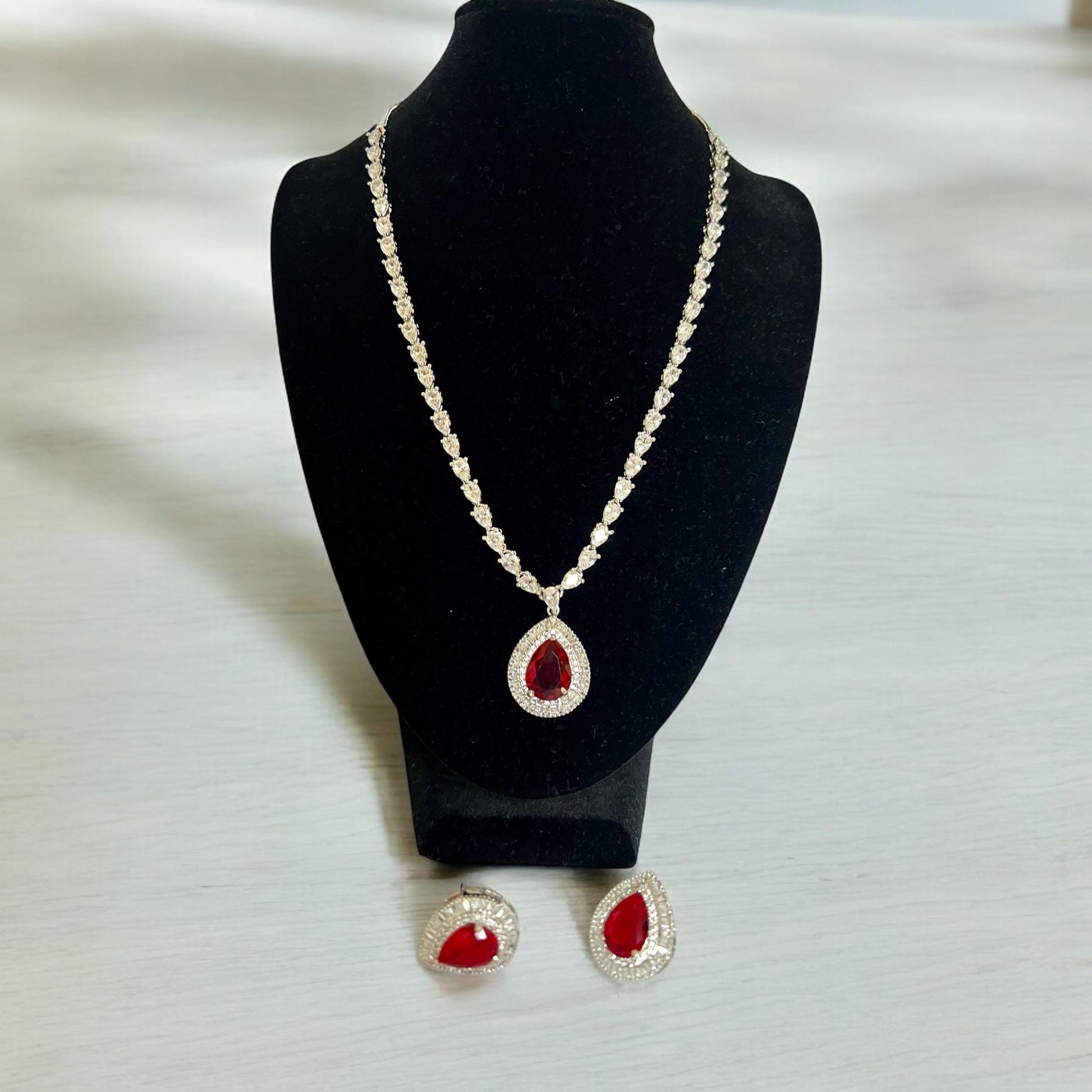 Ruby Red Gemstone and Crystal Long Necklace Set, Indian jewelry