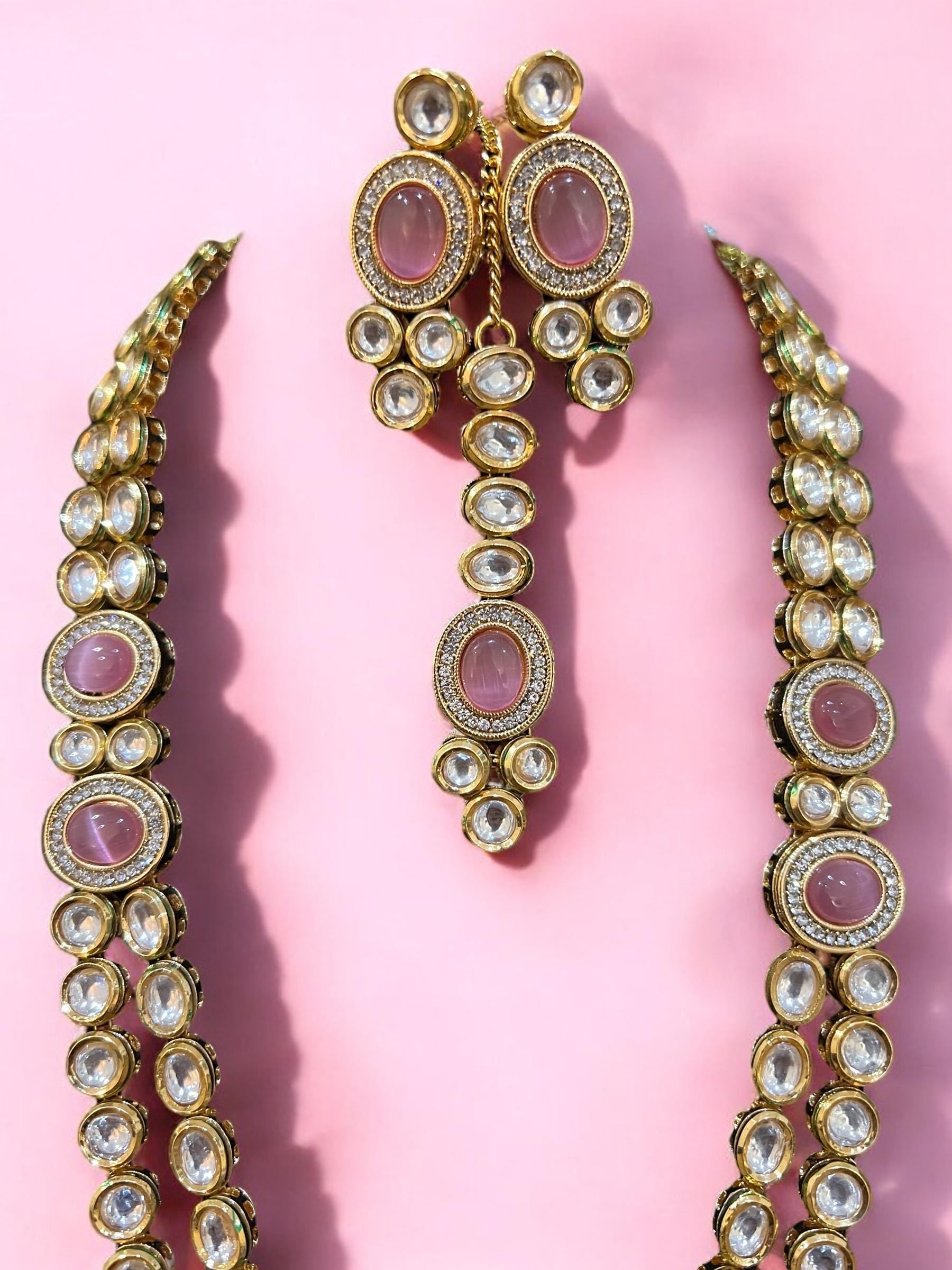 Long Pink Pearl & Gold Kundan Necklace Set with Tikka