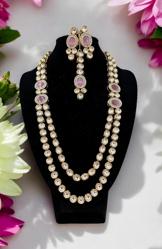Long Pink Pearl & Gold Kundan Necklace Set with Tikka