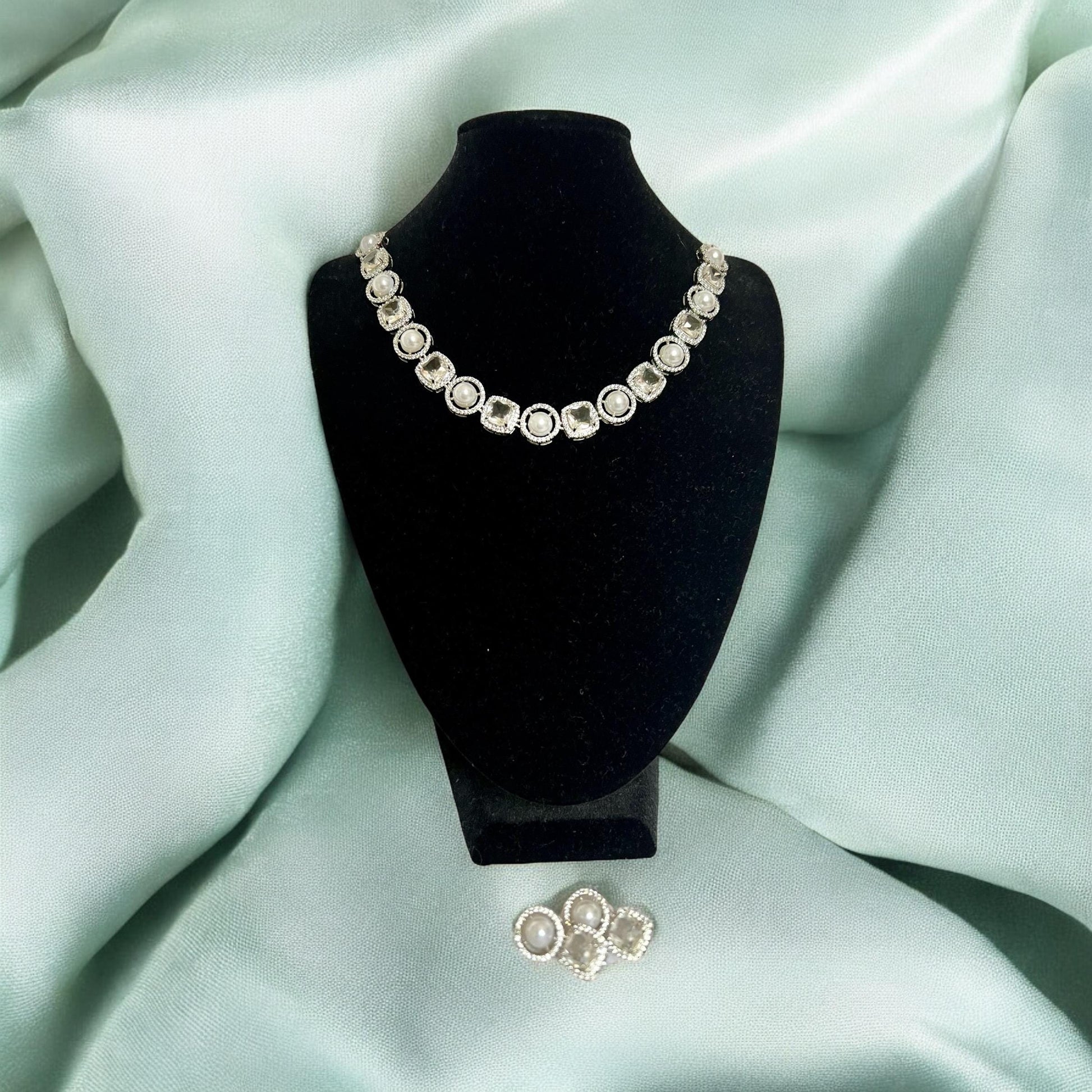 Crystal & Pearl Necklace Set, simple and beautiful, Indian Jewelry
