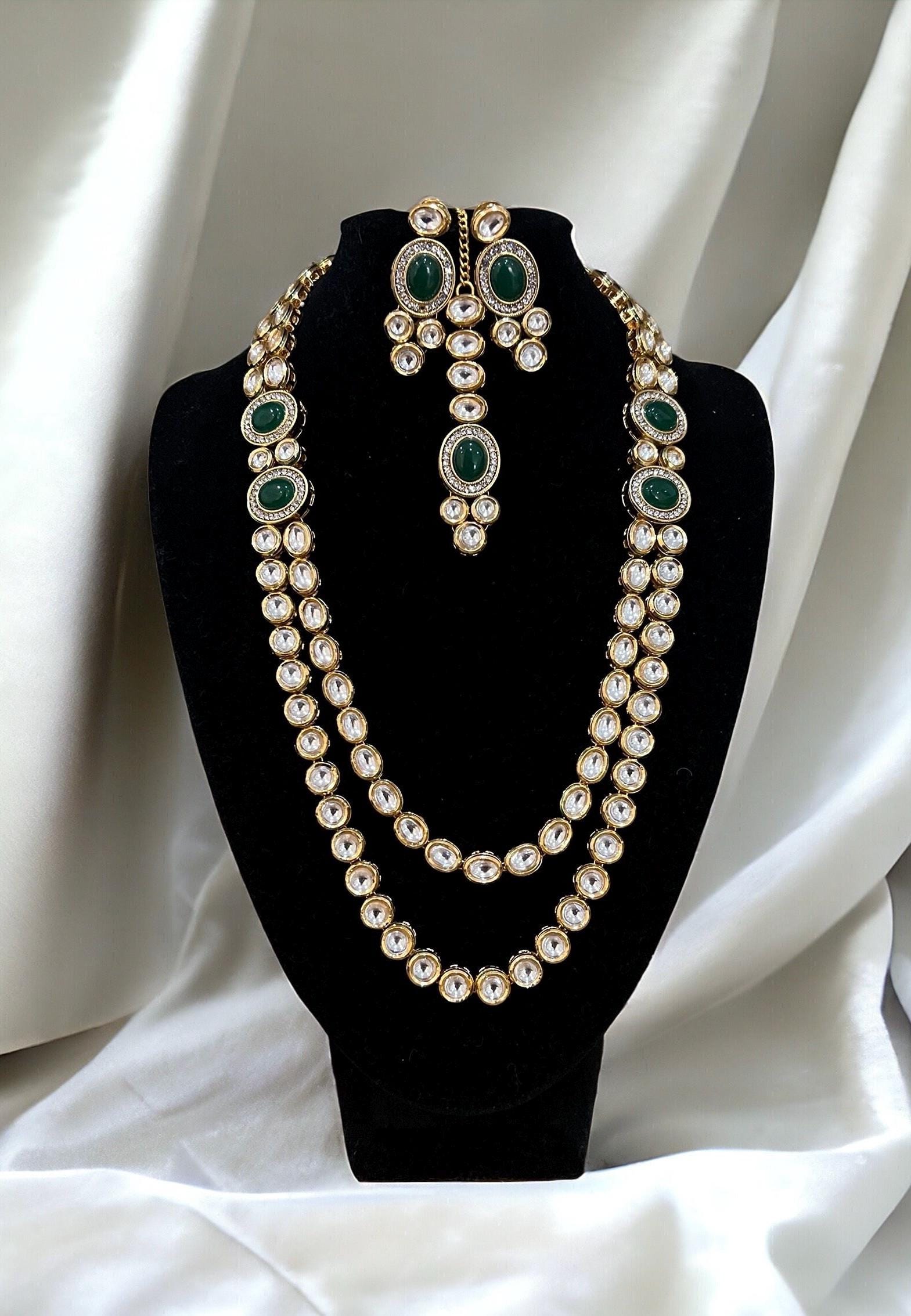 Elegant Long Pearl Gold & Green Kundan Necklace Set with Tikka