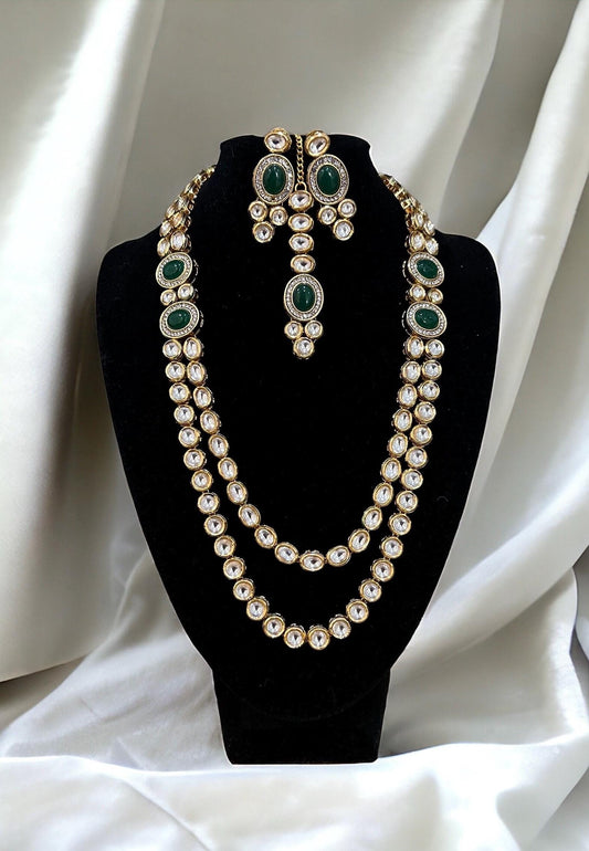 Elegant Long Pearl Gold & Green Kundan Necklace Set with Tikka