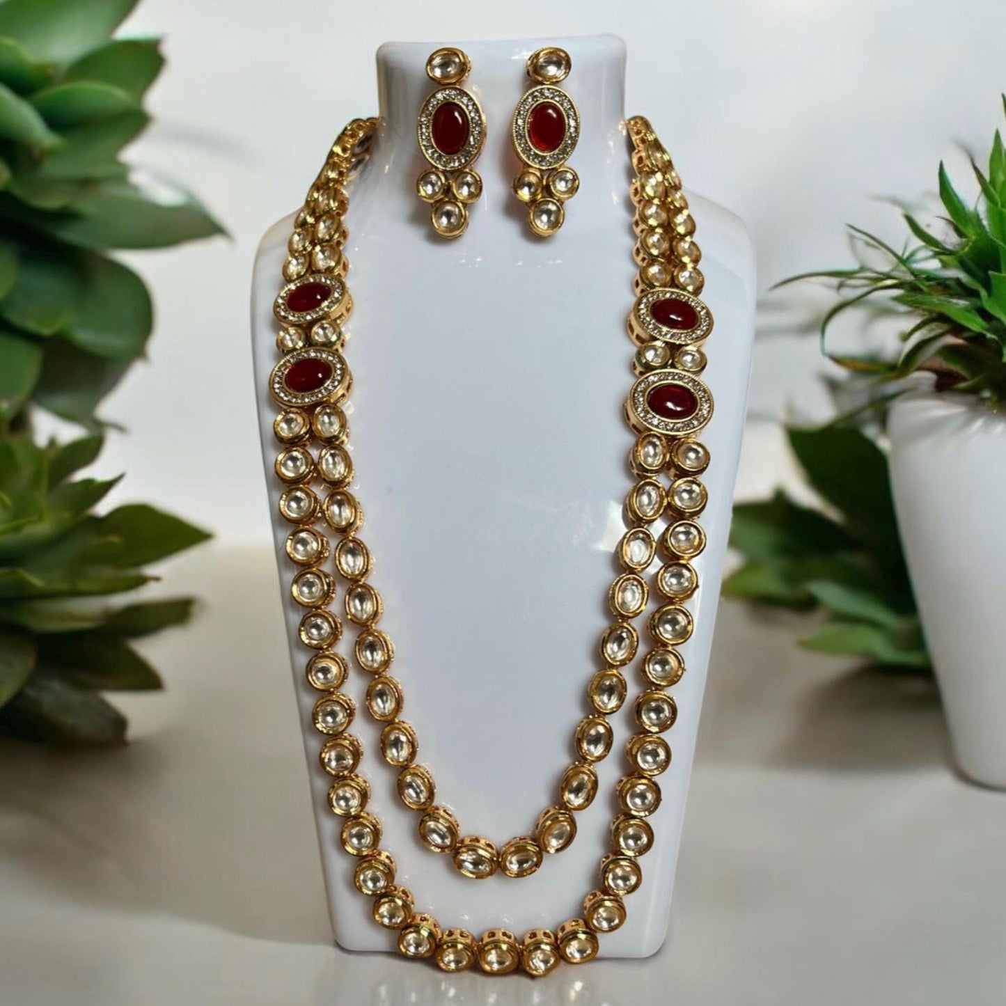 Elegant Long Pearl & Dark Ruby Kundan Necklace Set with Tikka