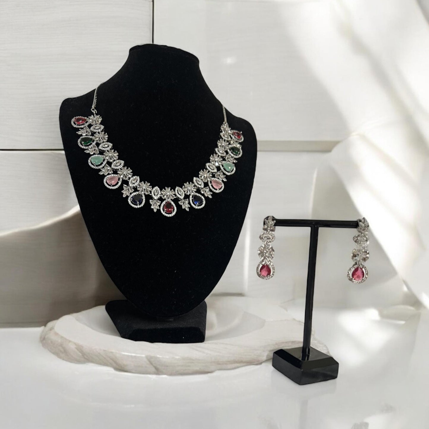 Multi Colour crystal Gemstone Necklace Set, Indian Jewelry, bridal