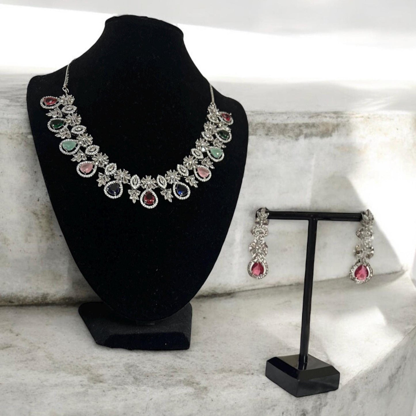 Multi Colour crystal Gemstone Necklace Set, Indian Jewelry, bridal